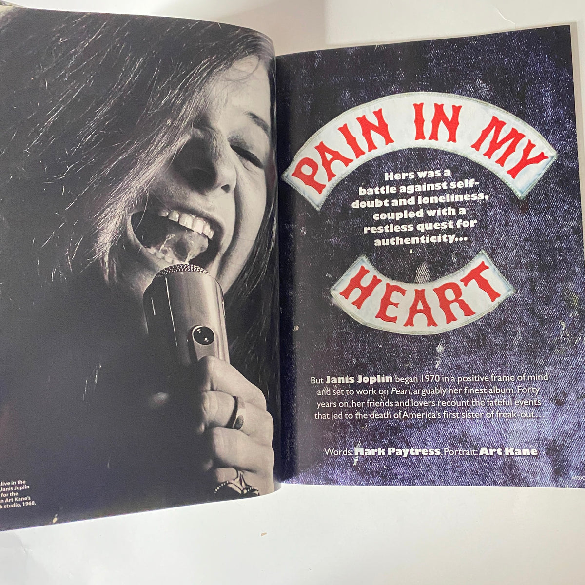 Inside spread from Mojo Music Magazine May 2010, featuring an article titled 'Pain in My Heart' about Janis Joplin's life and music journey.