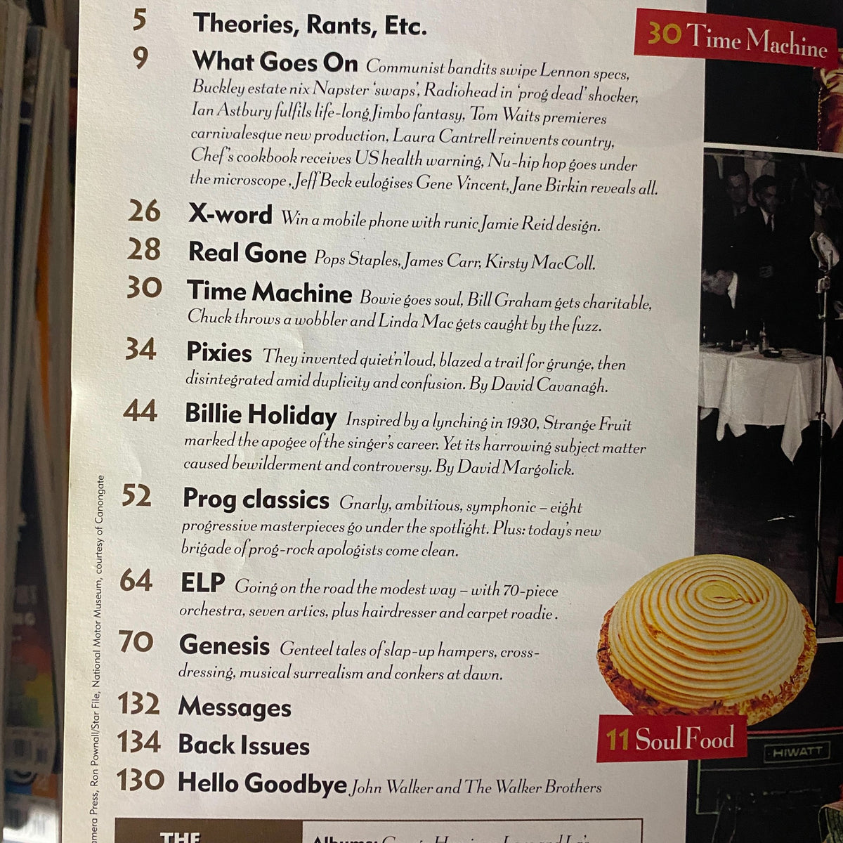 Inside page of Mojo Music Magazine March 2001, highlighting features such as articles on Pixies, Billie Holiday, and a detailed contents section. No CD included.
