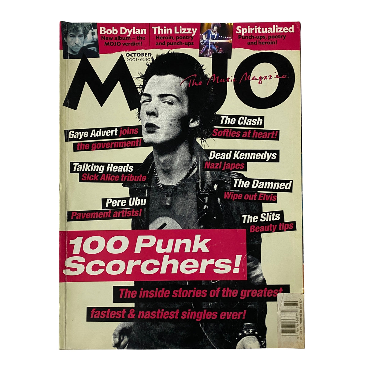 Mojo Music Magazine October 2001 featuring Gaye Advert on the cover, with text highlighting punk music including '100 Punk Scorchers' and mentions of bands like The Clash and Thin Lizzy.