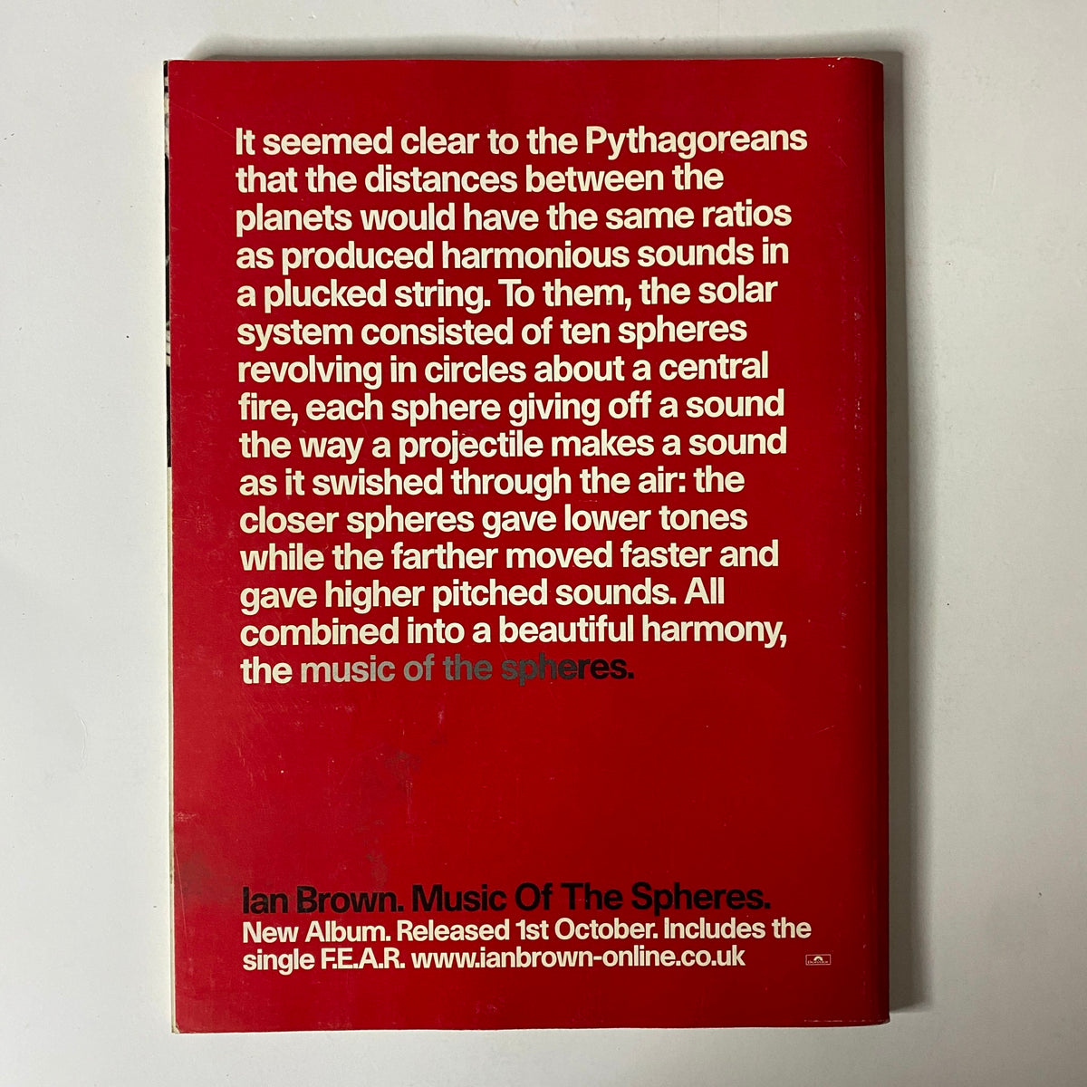 Back cover of Mojo Music Magazine October 2001 featuring promotional text for Ian Brown's album 'Music Of The Spheres'.