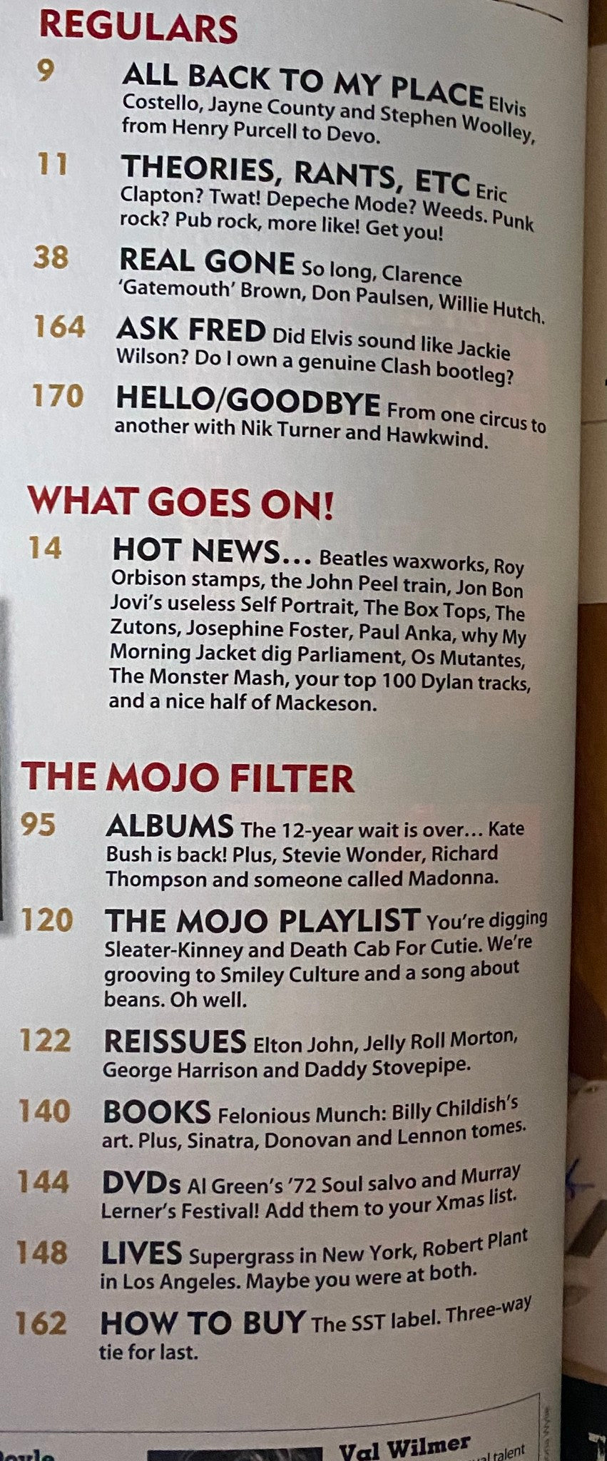 Mojo Music Magazine December 2005 features page highlighting 'All Back To My Place' section, discussing musical preferences from various artists, focusing on Elvis Costello and others.