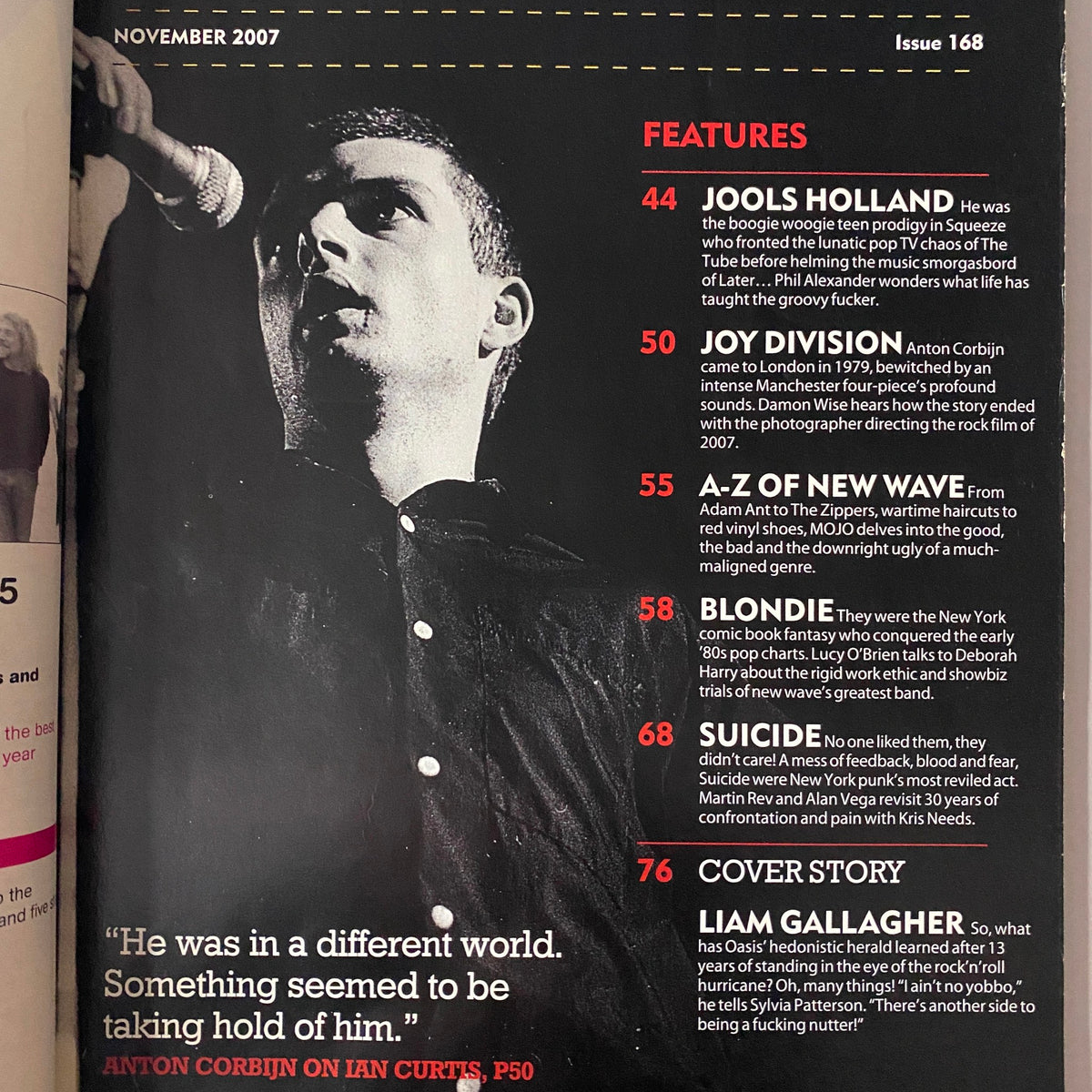 Inside page of Mojo Music Magazine November 2007, Issue 168, showcasing features including Jools Holland and Joy Division. Highlights the band's impact and cultural significance. Captures the essence of punk and new wave.