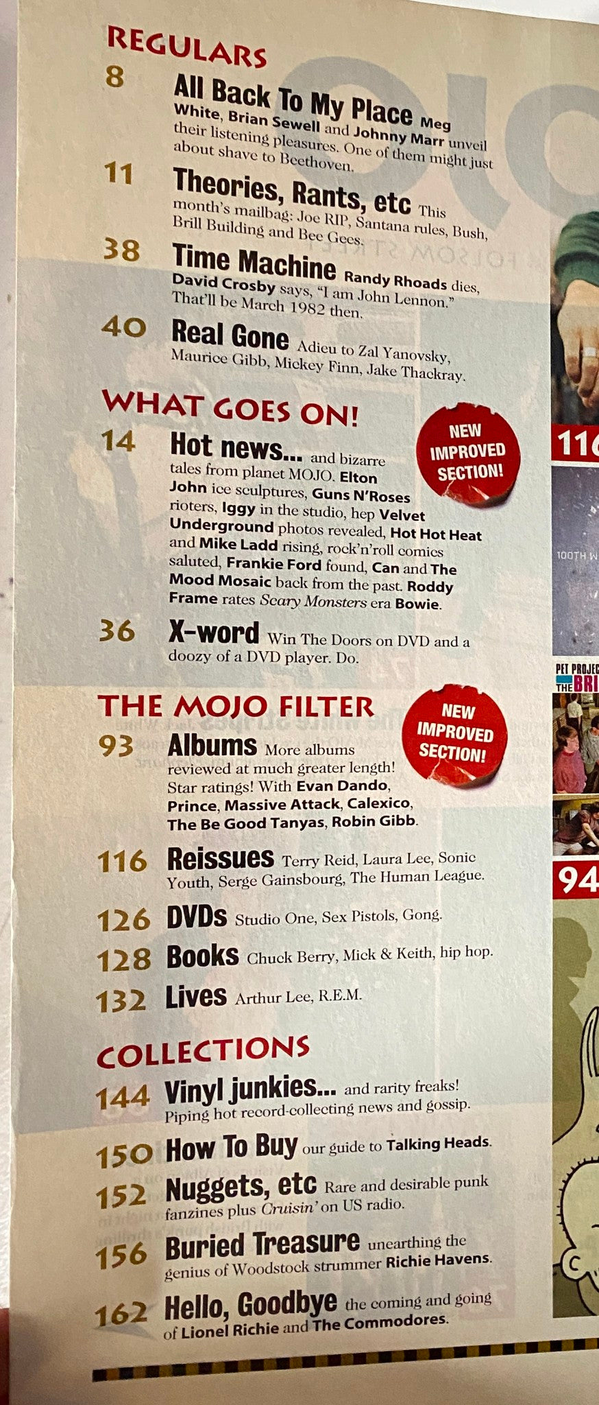 Mojo Music Magazine March 2003 features contents overview including regular sections like 'All Back to My Place' and 'The Mojo Filter' highlighting music reviews and updates.