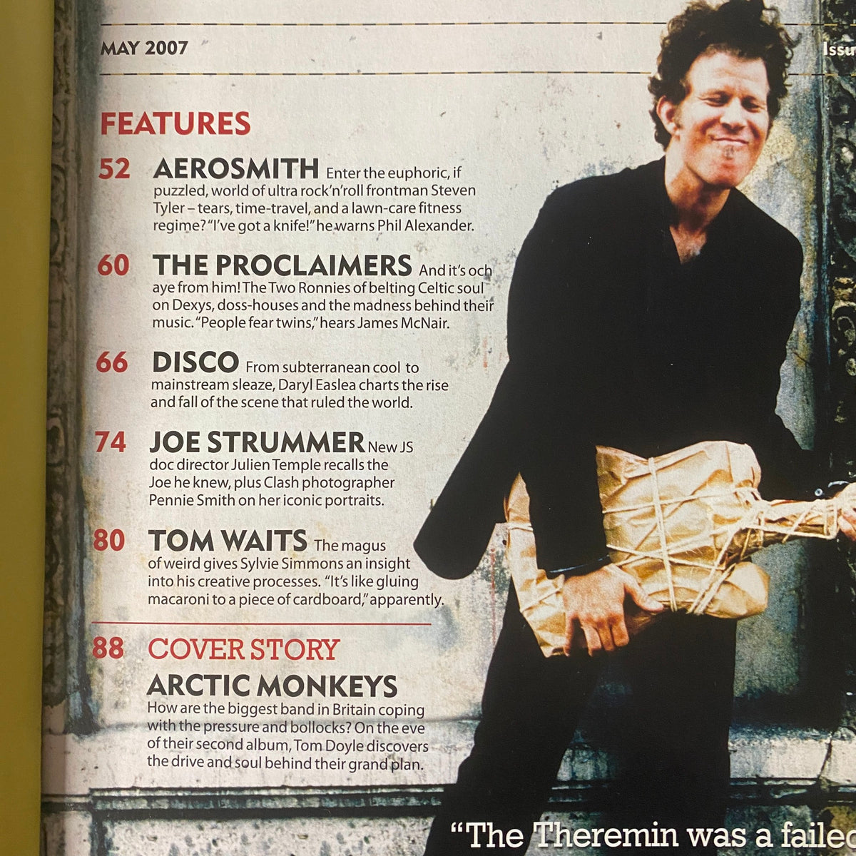 Inside page of Mojo Music Magazine May 2007 showcasing features on Aerosmith, The Proclaimers, Disco, Joe Strummer, and Tom Waits.
