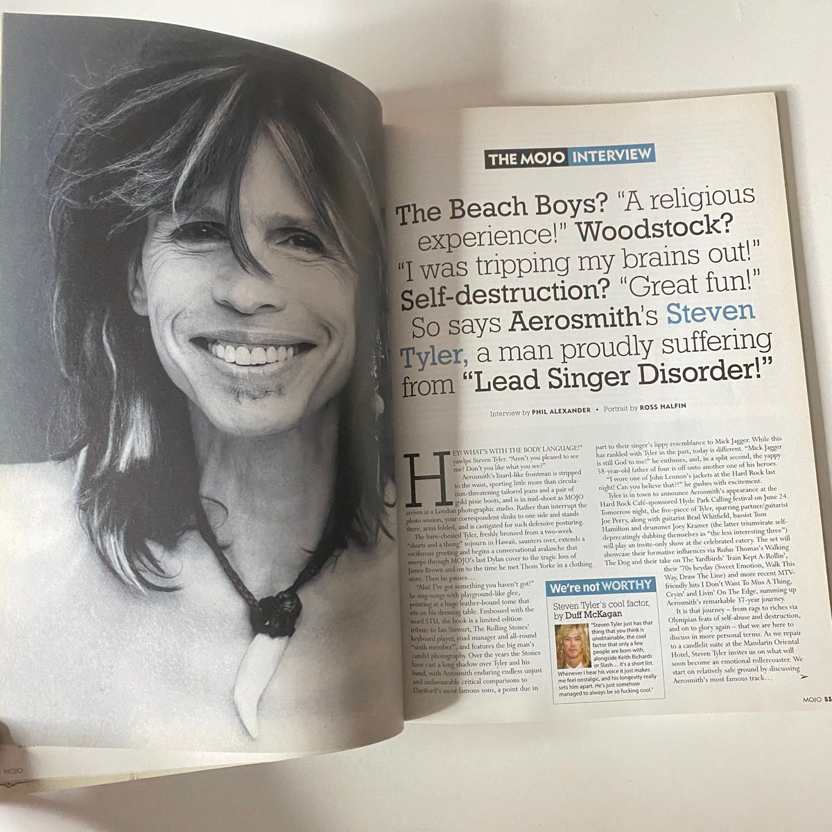 Interview page with Steven Tyler in Mojo Music Magazine May 2007, discussing his experiences with the band Aerosmith.