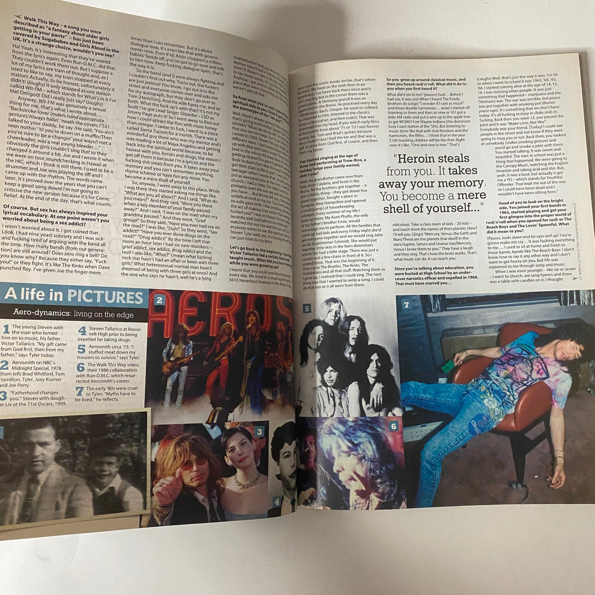 Mojo Music Magazine May 2007 Steven Tyler Aerosmith feature with images and quotes on the page showcasing retro rock elements and stories.