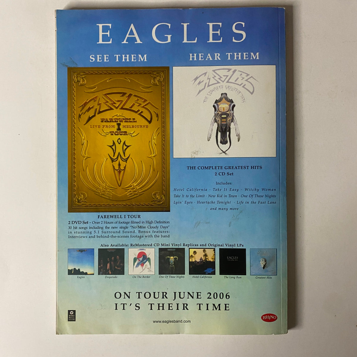 Back cover of Mojo Music Magazine July 2006, featuring an advertisement for the Eagles' greatest hits collection, highlighting their Farewell Tour. No CD included, no label.