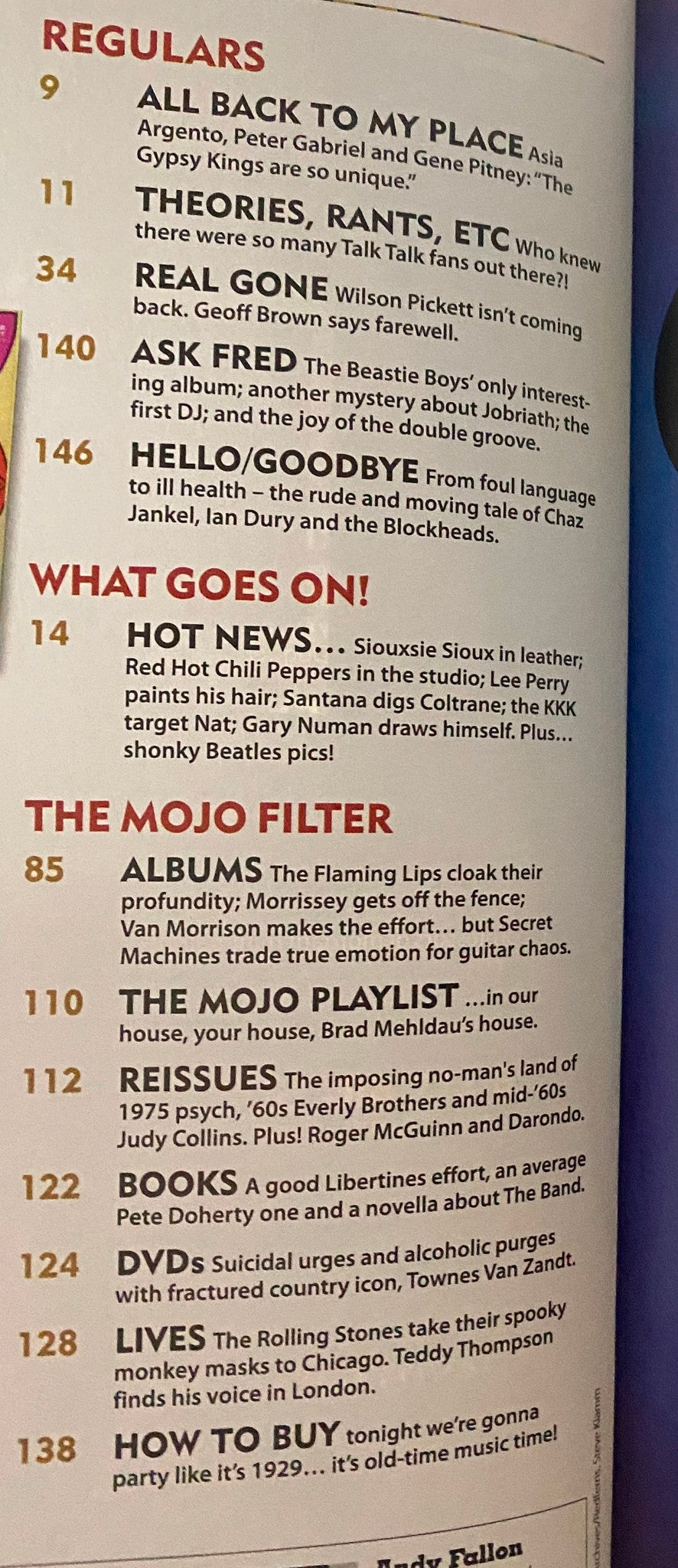 Contents page of Mojo Music Magazine April 2006, listing features including Van Morrison, Morrissey, and the Mojo Filter.
