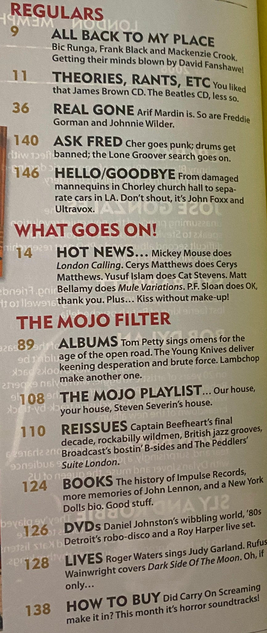 Regulars section of Mojo Music Magazine September 2006, listing various articles including interviews and reviews, reflecting on key music events and albums of the time.