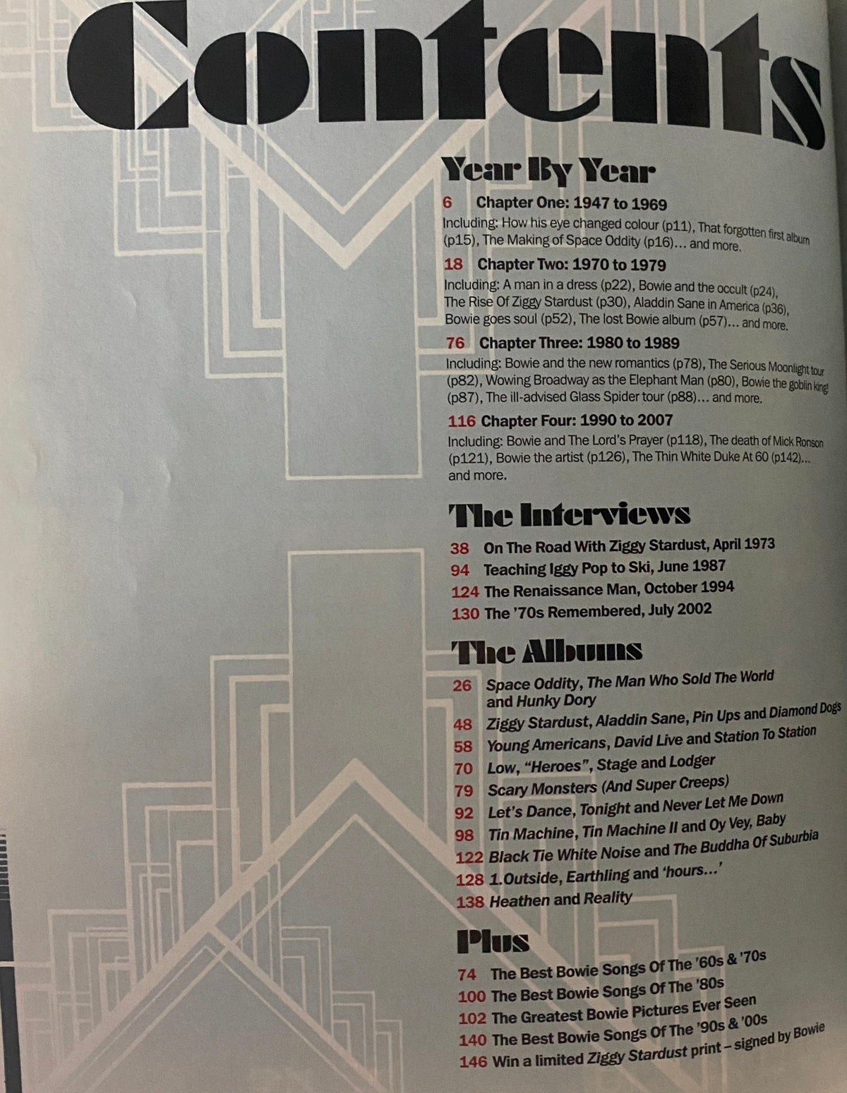 Contents page of Mojo Classic Magazine dedicated to David Bowie, detailing chapters such as 'Year By Year' and featuring key interviews and albums in his career.