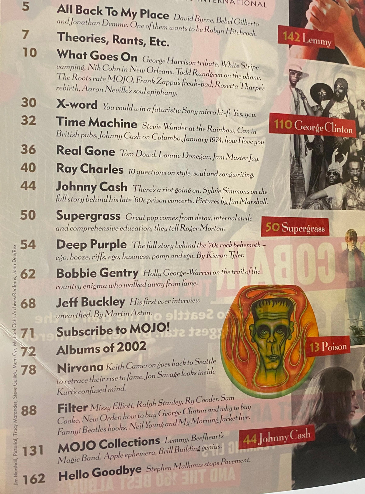 Mojo Music Magazine January 2003 Kurt Cobain Cover featuring contents list including articles about artists like Johnny Cash and Ray Charles.