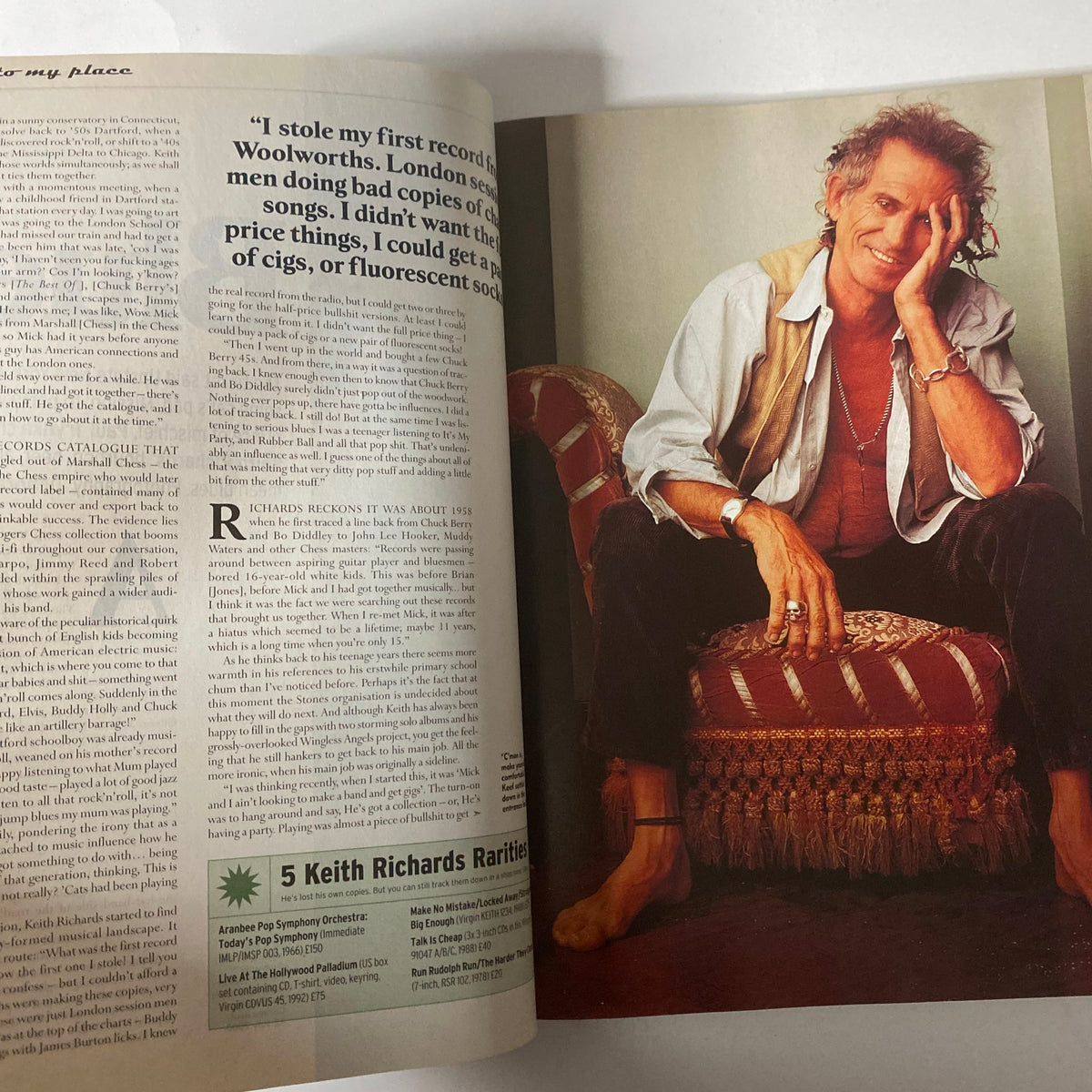 Another article page from Mojo Collections Magazine Winter 2000, highlighting a conversation with Keith Richards about his first recording experiences and music passions.