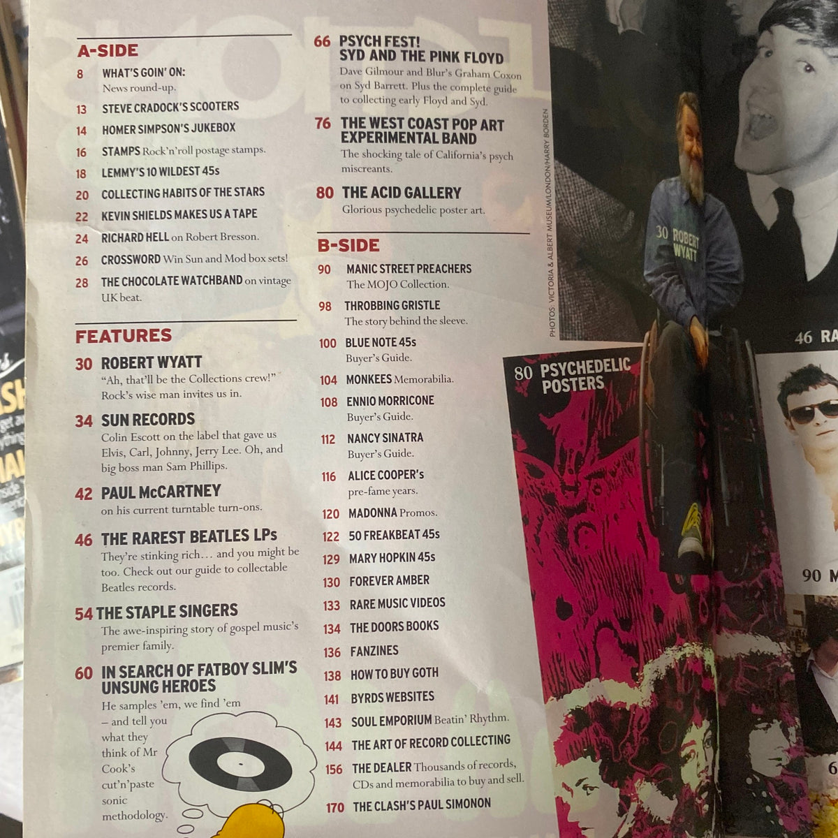 Contents page of Mojo Collections Magazine Spring 2001, showcasing featured articles including Psychedelic Fest: Syd and The Pink Floyd. A guide to the issue's topics and highlights.