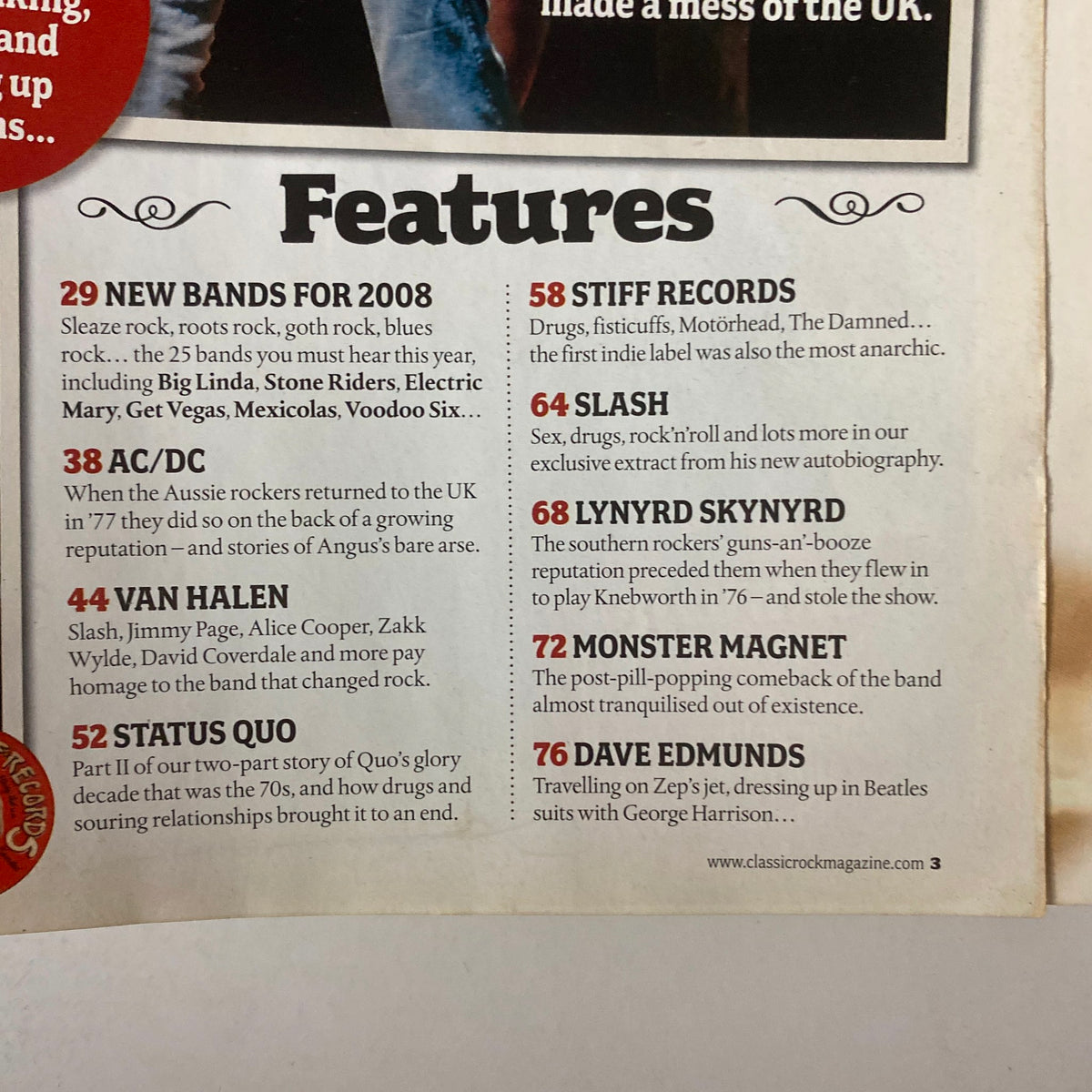 Inside page of Classic Rock Magazine February 2008 showcasing features including New Bands for 2008, AC/DC, Van Halen, and Status Quo.
