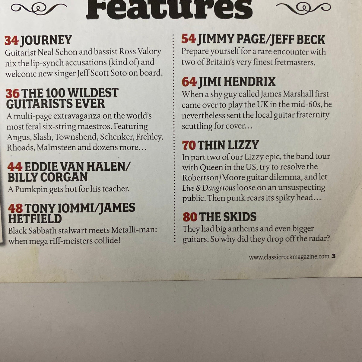Back cover of Classic Rock Magazine April 2007 listing main features including Journey, Eddie Van Halen, Jimi Hendrix, and more, illustrating articles and interviews with top guitarists.
