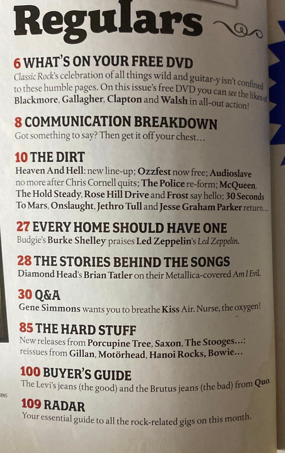 Page from Classic Rock Magazine April 2007 featuring regular sections including 'What's On Your Free DVD?', 'The Dirt', 'Every Home Should Have One', 'Stories Behind the Songs', 'Q&A', 'The Hard Stuff', and 'Buyer's Guide'.