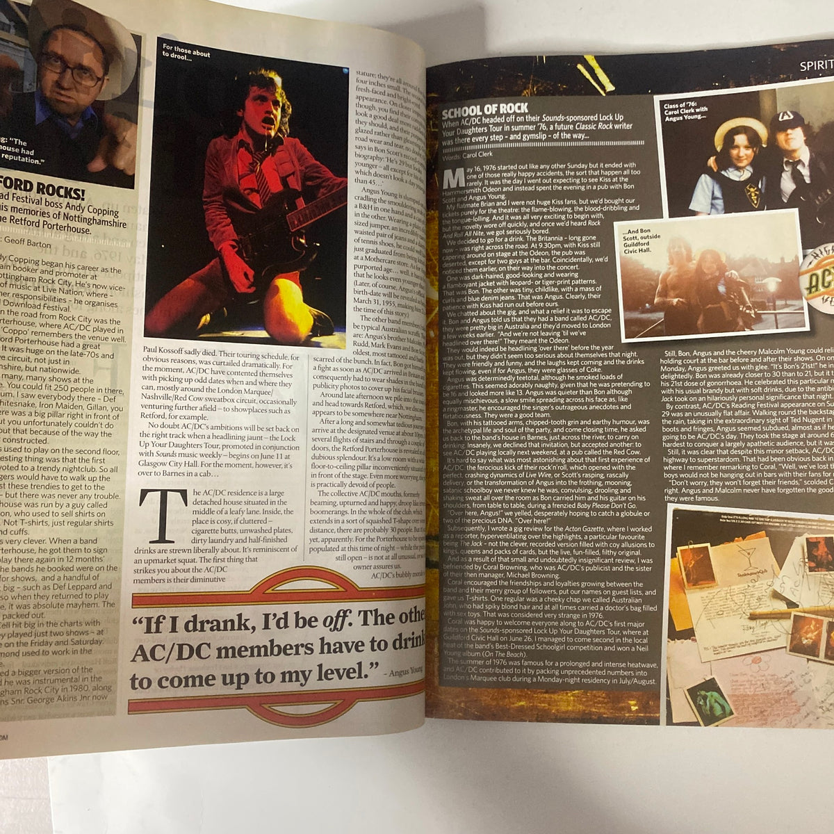 Inside Classic Rock Magazine June 2009, featuring a profile on AC/DC with historical insights and photographs of the band.