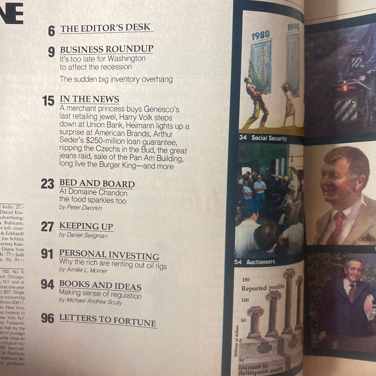 Table of contents from Fortune Magazine August 25, 1980, including sections like 'Business Roundup' and 'Bed and Board at Domaine Chandon'.