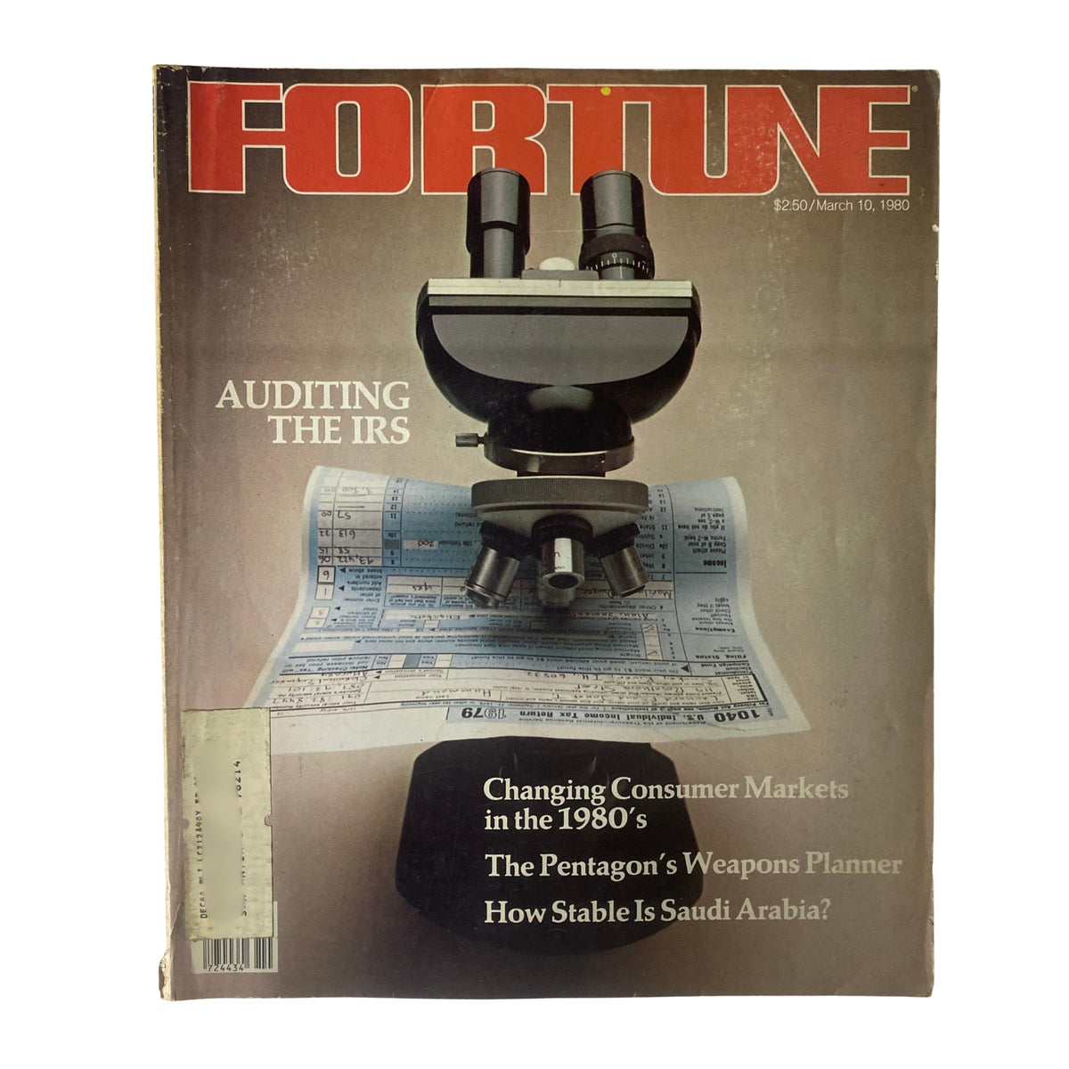 Fortune Magazine March 10, 1980 cover featuring a microscope and headlines about auditing the IRS and articles including 'The Pentagon's Weapons Planner' and consumer market changes.