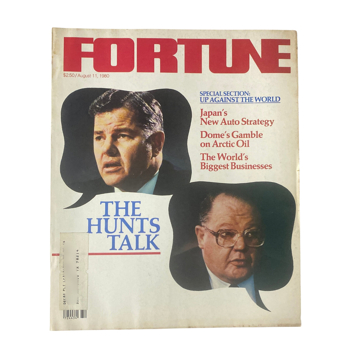 Fortune Magazine August 11, 1980 cover featuring Herbert and Bunker Hunt with the headline 'The Hunts Talk' and a special section 'Up Against the World', showcasing topics like Japan's auto strategy and Dome's gamble on Arctic oil.