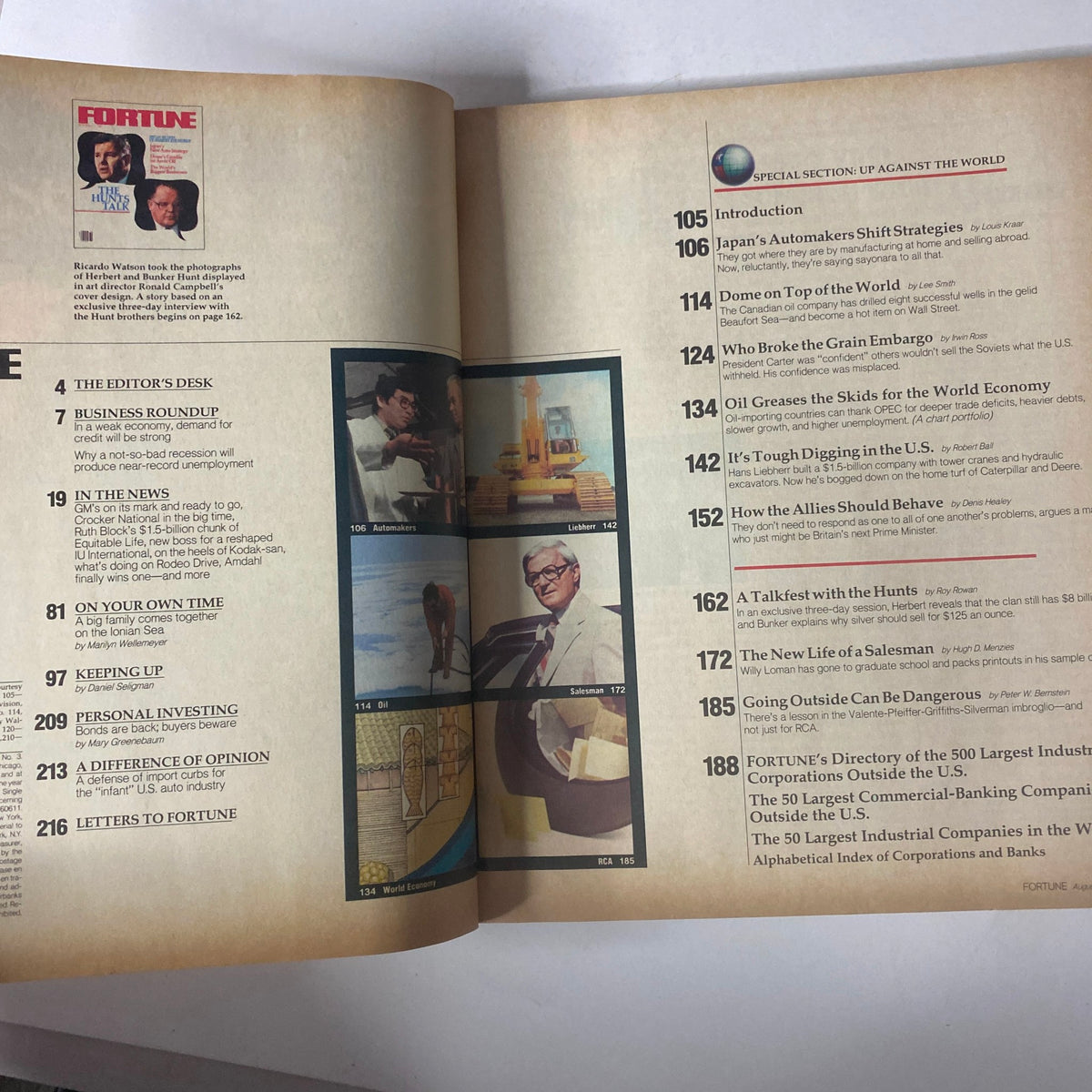 Interior page of Fortune Magazine August 11, 1980 featuring contents including A Talkfest with the Hunts cover story, and sections like Japan's Automakers Shift Strategies and Dome on Top of the World.