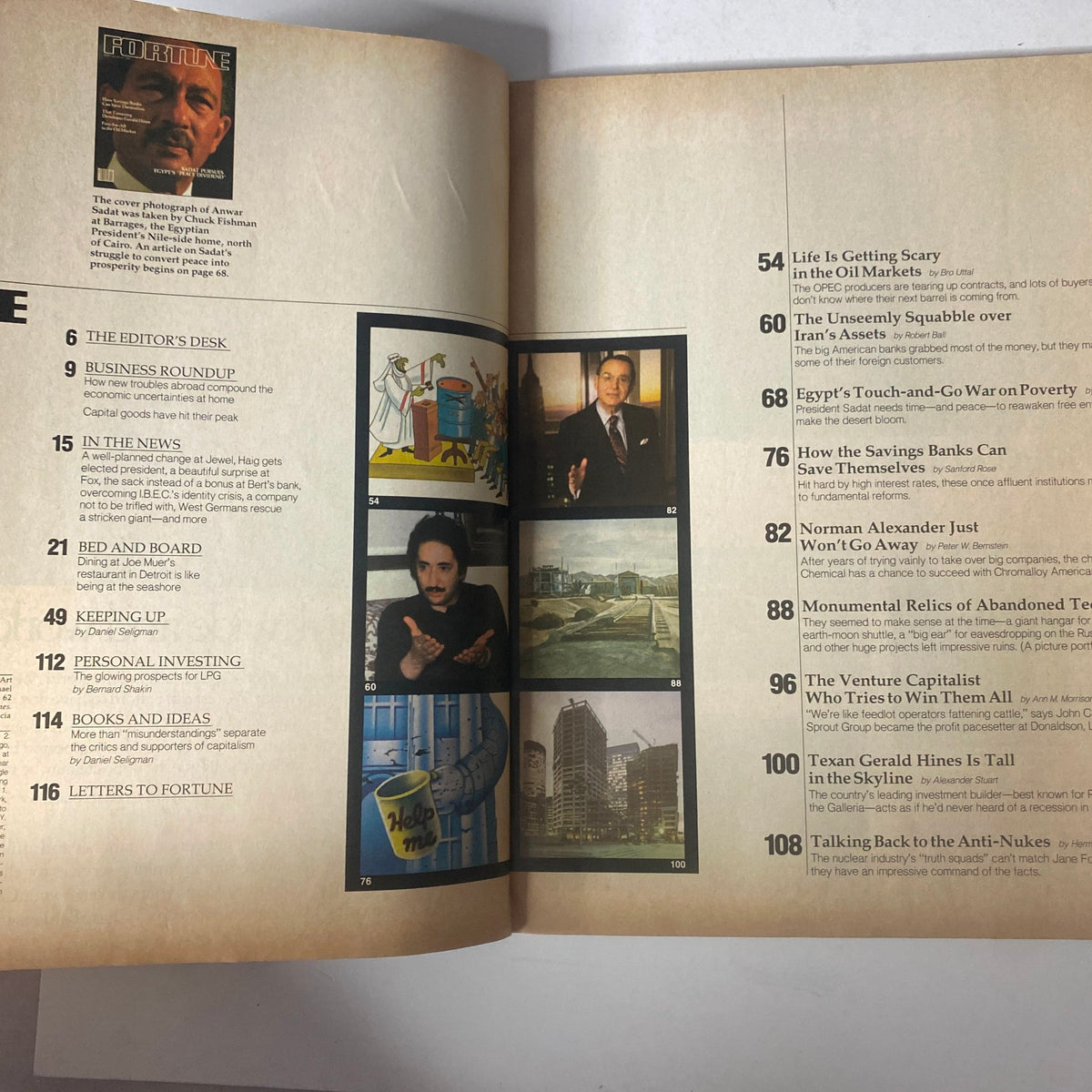 Interior page of Fortune Magazine from January 28, 1980, showcasing contents including 'Life Is Getting Scary in the Oil Markets' and 'Egypt’s Touch-and-Go War on Poverty'.