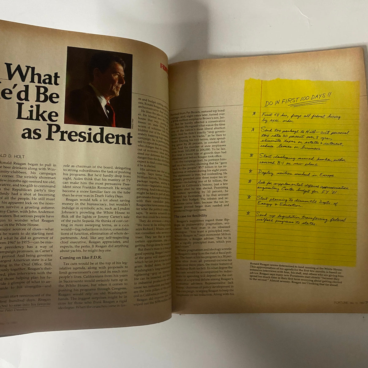 Interior spread of Fortune Magazine May 19, 1980 featuring an article on Ronald Reagan's presidency aspirations, alongside handwritten notes.