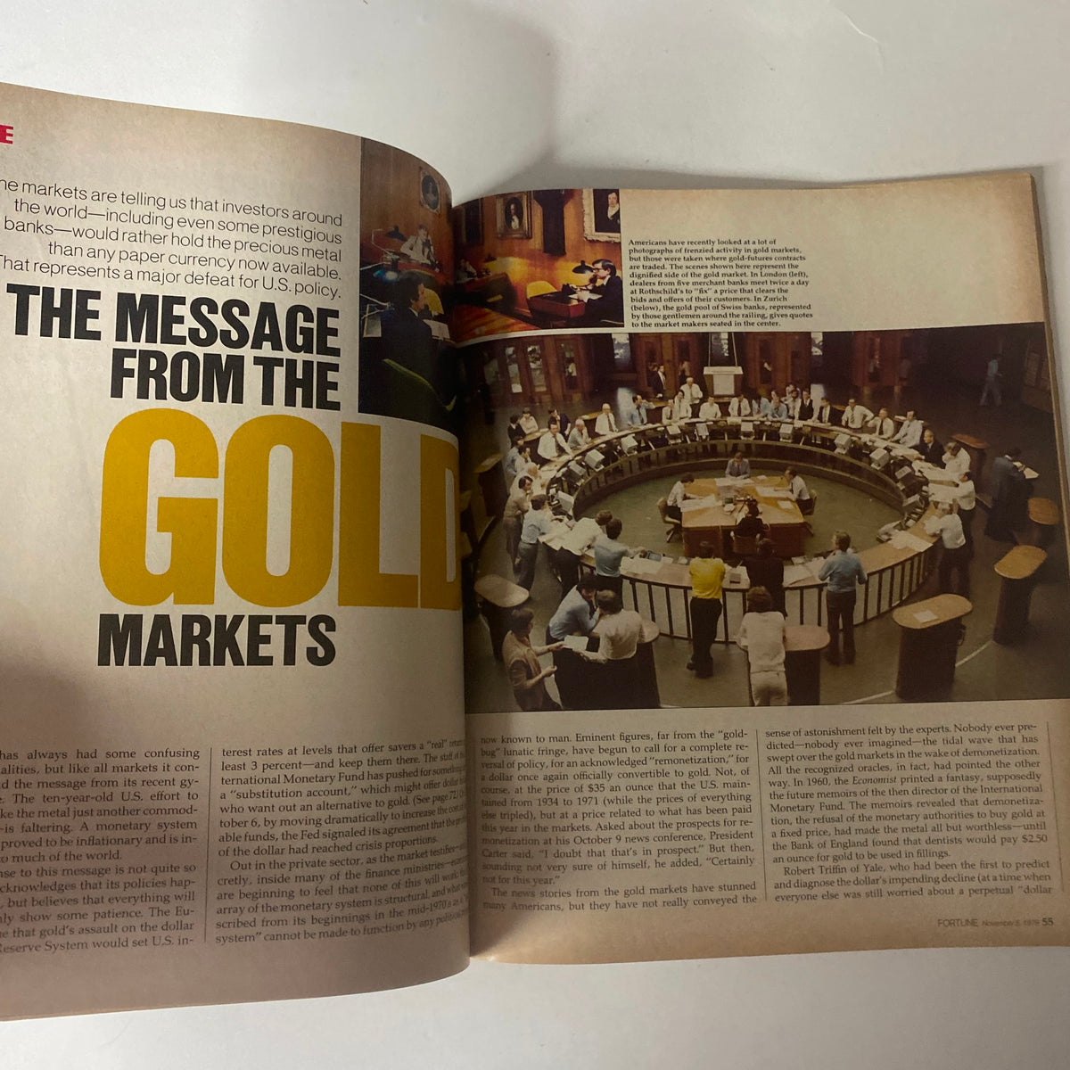 Page from Fortune Magazine, November 5, 1979, illustrating the article 'The Message from the Gold Markets' discussing economic impacts on the gold market.