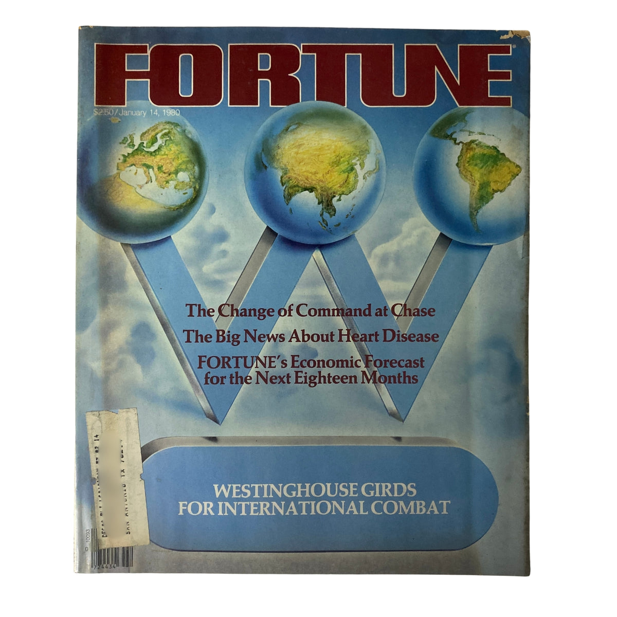 Cover of Fortune Magazine, January 14, 1980, featuring the title 'Westinghouse Girds for International Combat' with an illustration of globes depicting the Americas.