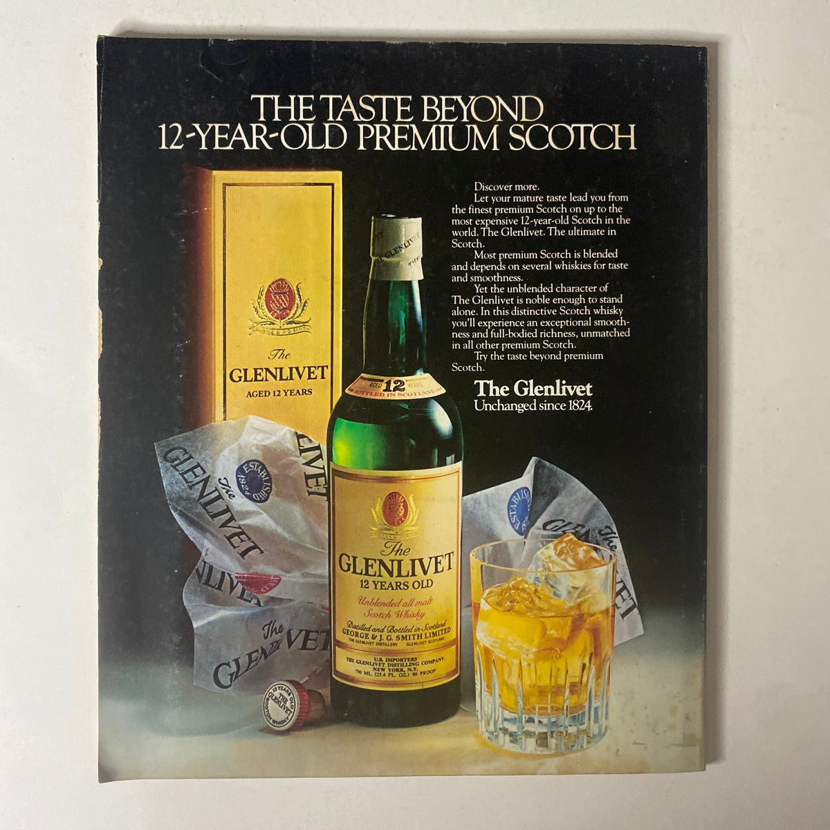 Advertisement in Fortune Magazine from January 14, 1980, for The Glenlivet 12-Year-Old Premium Scotch, featuring a bottle and glass of whiskey.