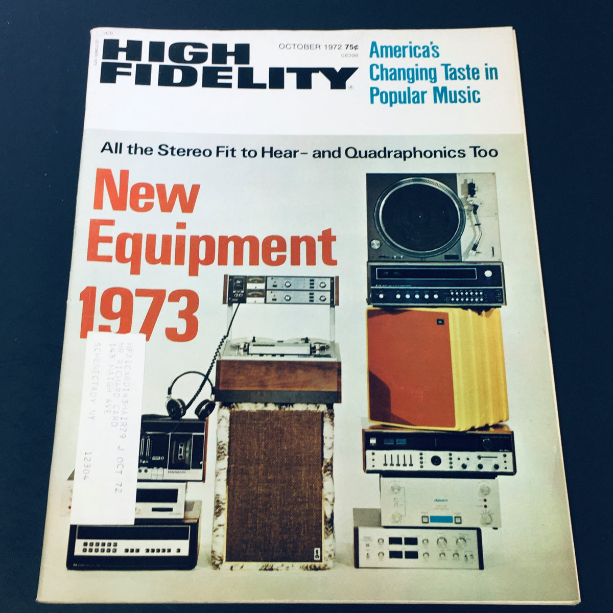 Cover of VTG High Fidelity Magazine October 1972 showcasing New Equipment for 1973, featuring a variety of classic audio equipment including turntables and audio receivers.