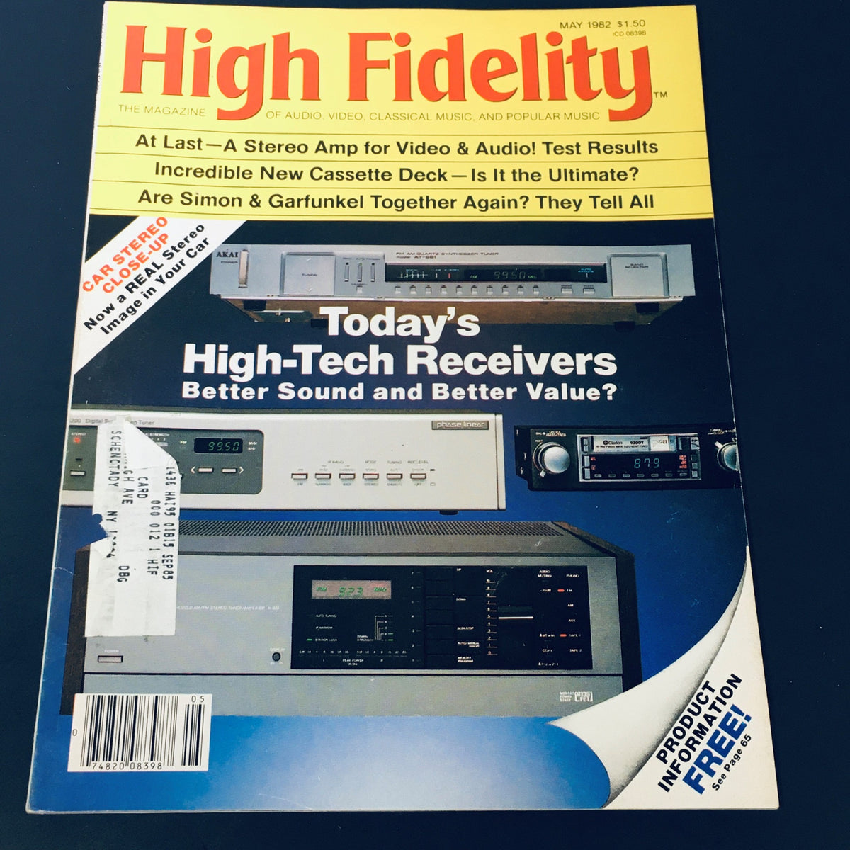 VTG High Fidelity Magazine May 1982 featuring articles on audio equipment and a cover story questioning if Paul Simon & Art Garfunkel are Together Again. The magazine showcases high-tech receivers and audio technology from the early 80s.