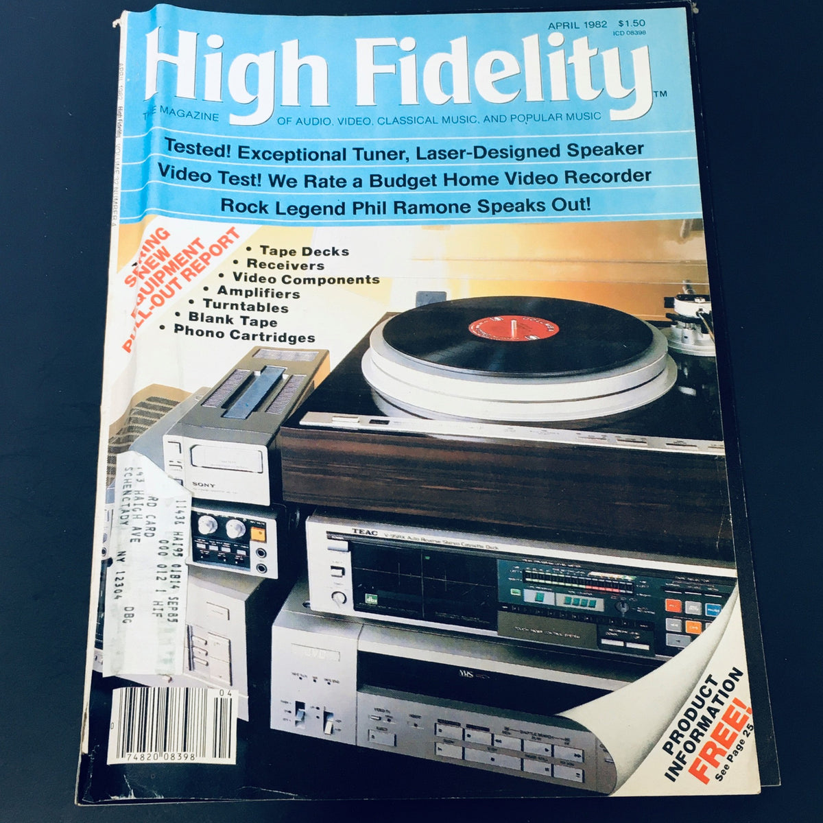 Cover of the April 1982 issue of High Fidelity Magazine featuring an exclusive interview with rock legend Phil Ramone. The magazine showcases audio equipment including a turntable and tape decks, highlighting topics in audio and video technology.