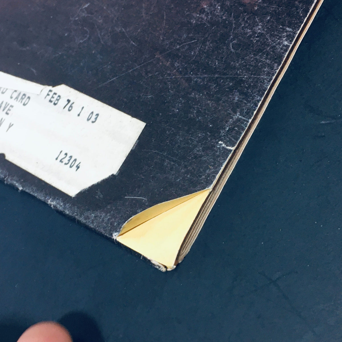 Close-up of the back cover of VTG High Fidelity Magazine February 1976 showing the address label and minor wear typical for its age, emphasizing its vintage appeal.
