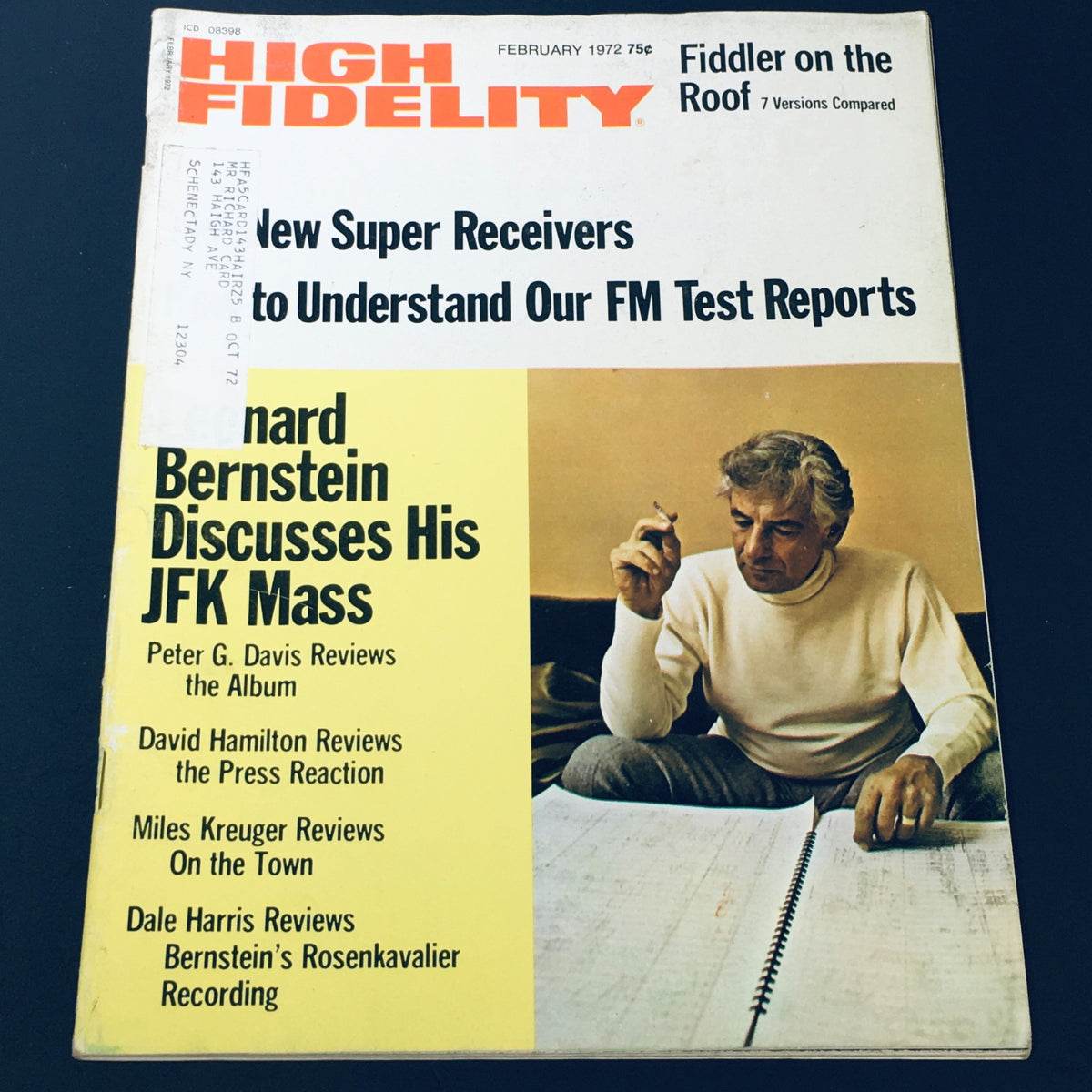 Cover of High Fidelity Magazine, February 1972, featuring a review by Peter G. Davis on the album, and an article about Leonard Bernstein discussing his JFK Mass.