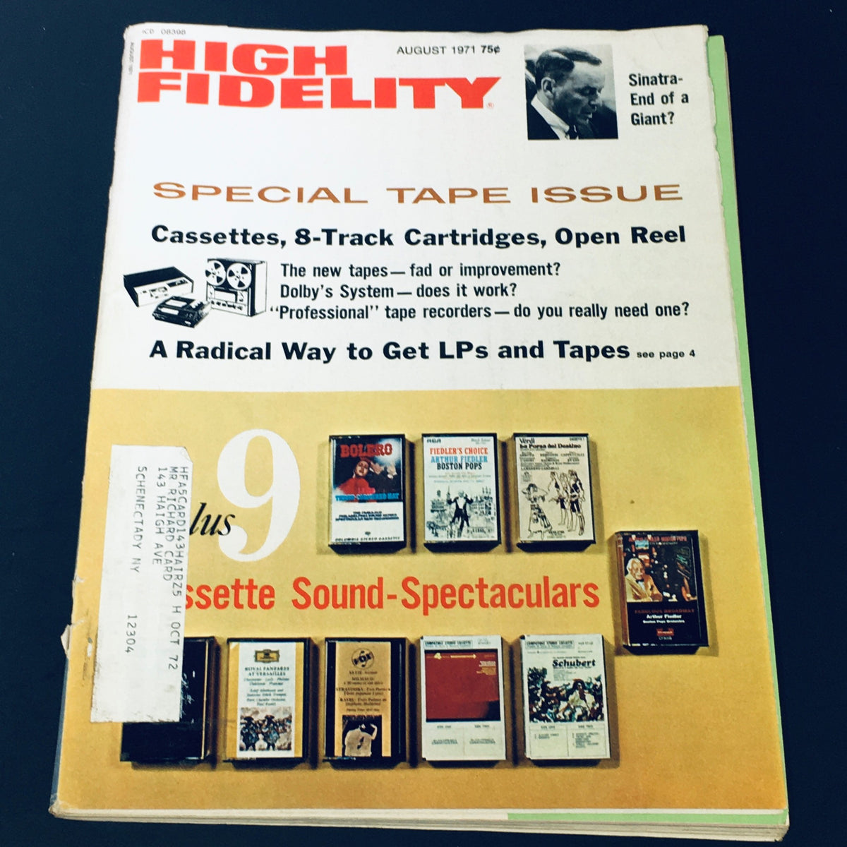 Cover of High Fidelity Magazine from August 1971 featuring Frank Sinatra, the iconic story 'End of a Giant', showcasing cassette sound technology and highlights from the music industry.