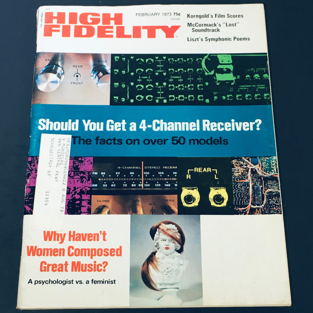 Cover of VTG High Fidelity Magazine February 1973 featuring a headline about a debate titled 'A Psychologist vs A Feminist' along with articles on sound equipment and female composers.