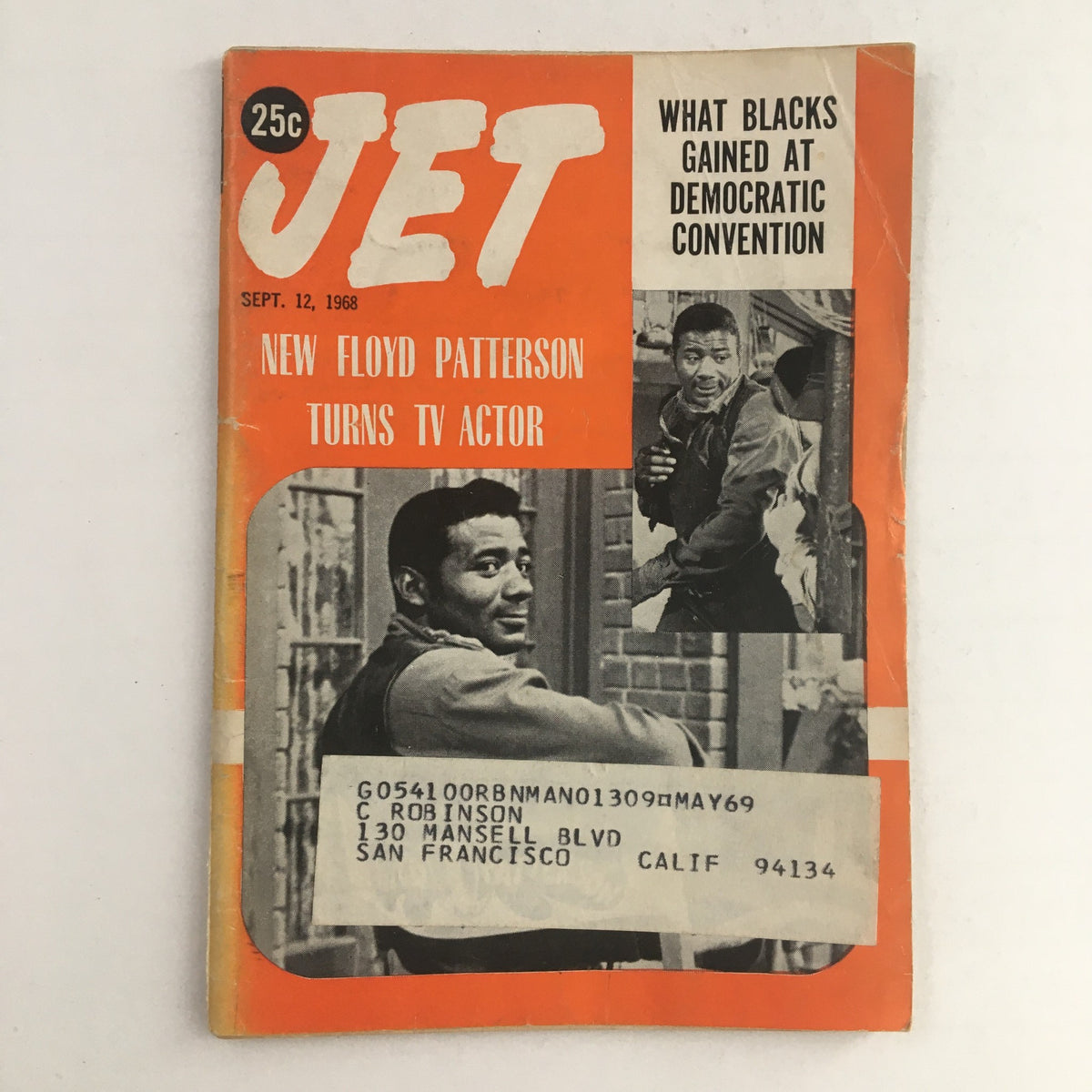 Cover of Jet Magazine from September 12, 1968 featuring American boxer Floyd Patterson who transitions to a TV actor. The magazine highlights the Democratic Convention and includes a postal label.