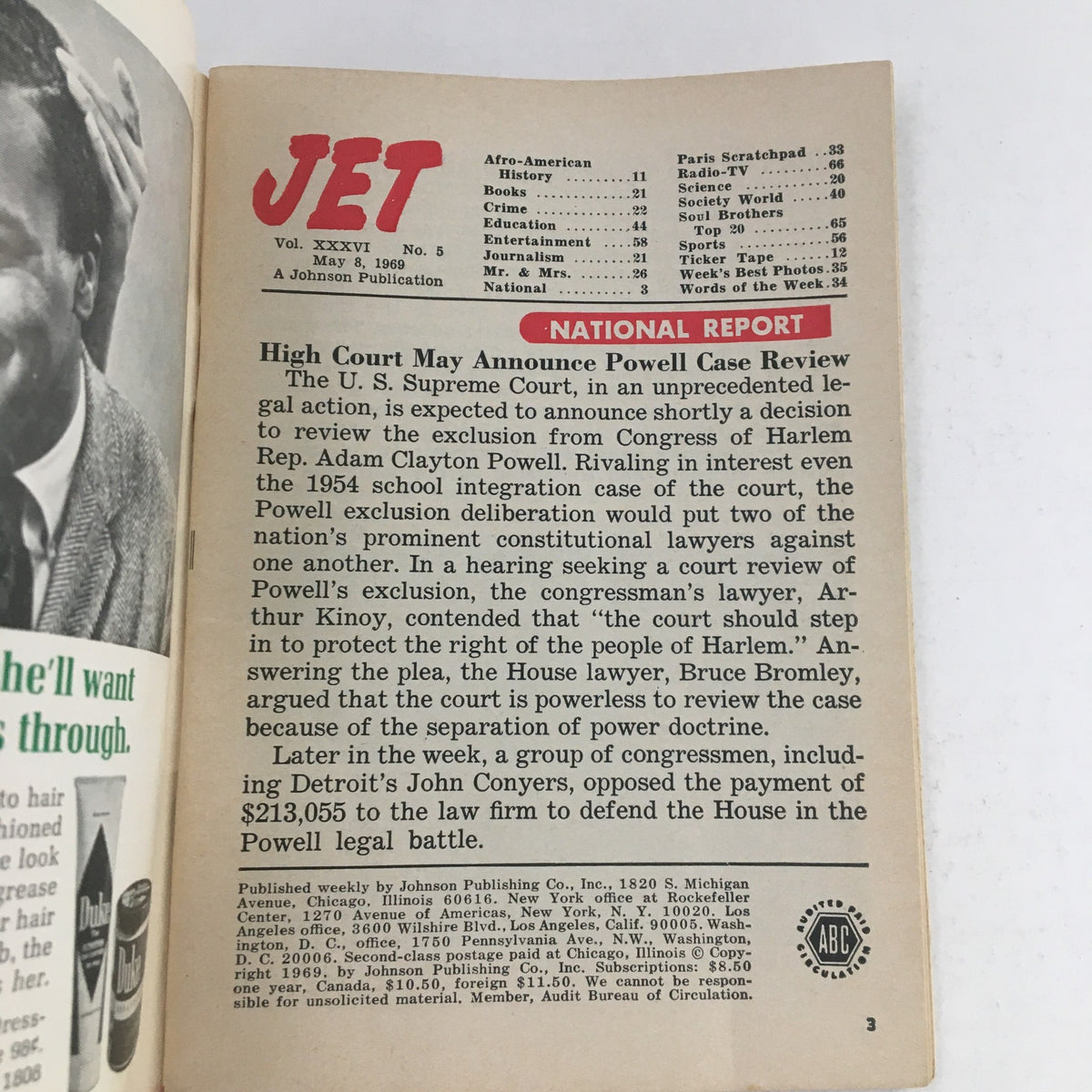 Image from Jet Magazine May 8, 1969 featuring a National Report section discussing the Supreme Court's decision to review the exclusion of Congressman Adam Clayton Powell, highlighting historical social and legal issues of the time.