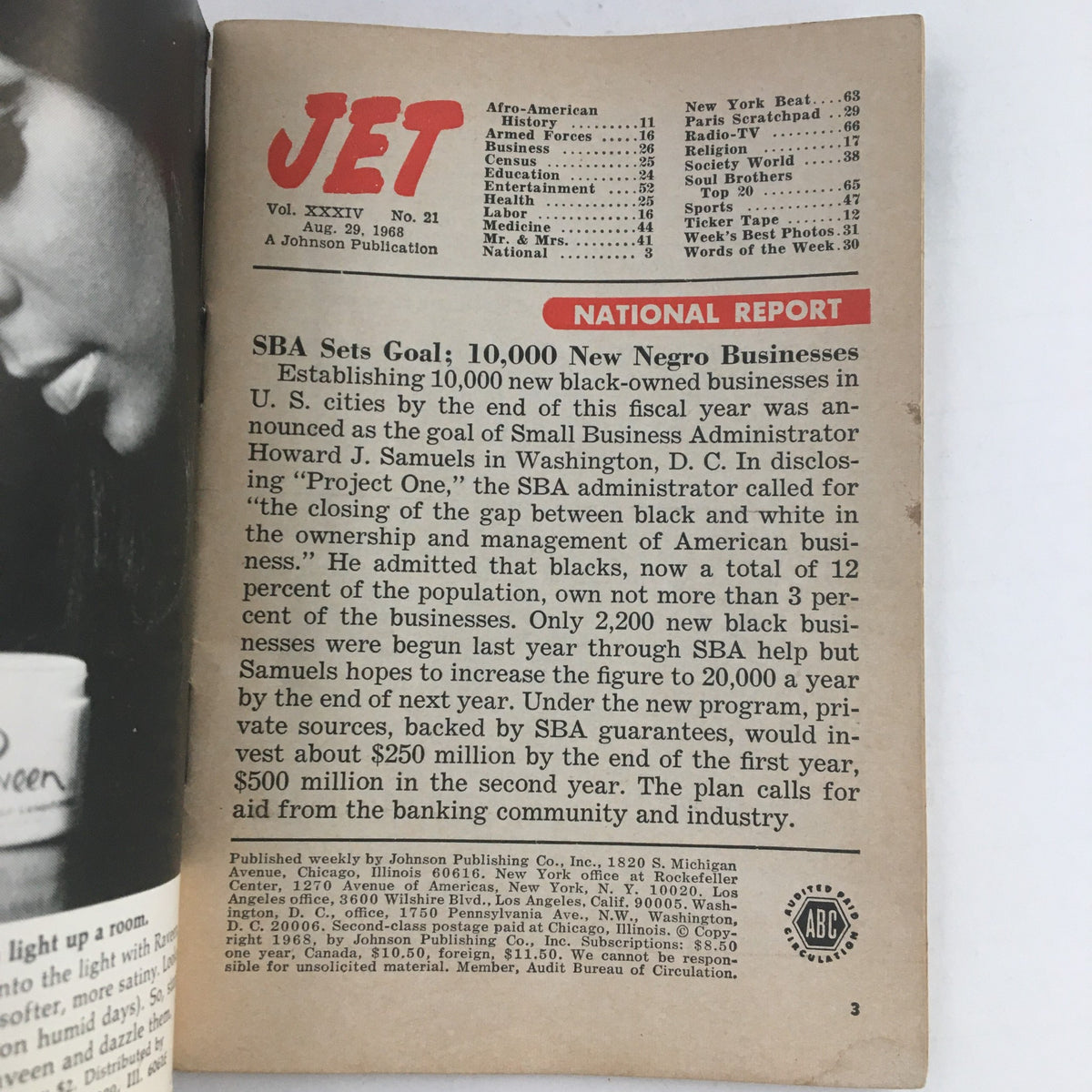 Interior page of Jet Magazine, August 29, 1968, detailing a national report on black-owned businesses and their growth, reflecting the challenges and goals of African American entrepreneurship in the 1960s.