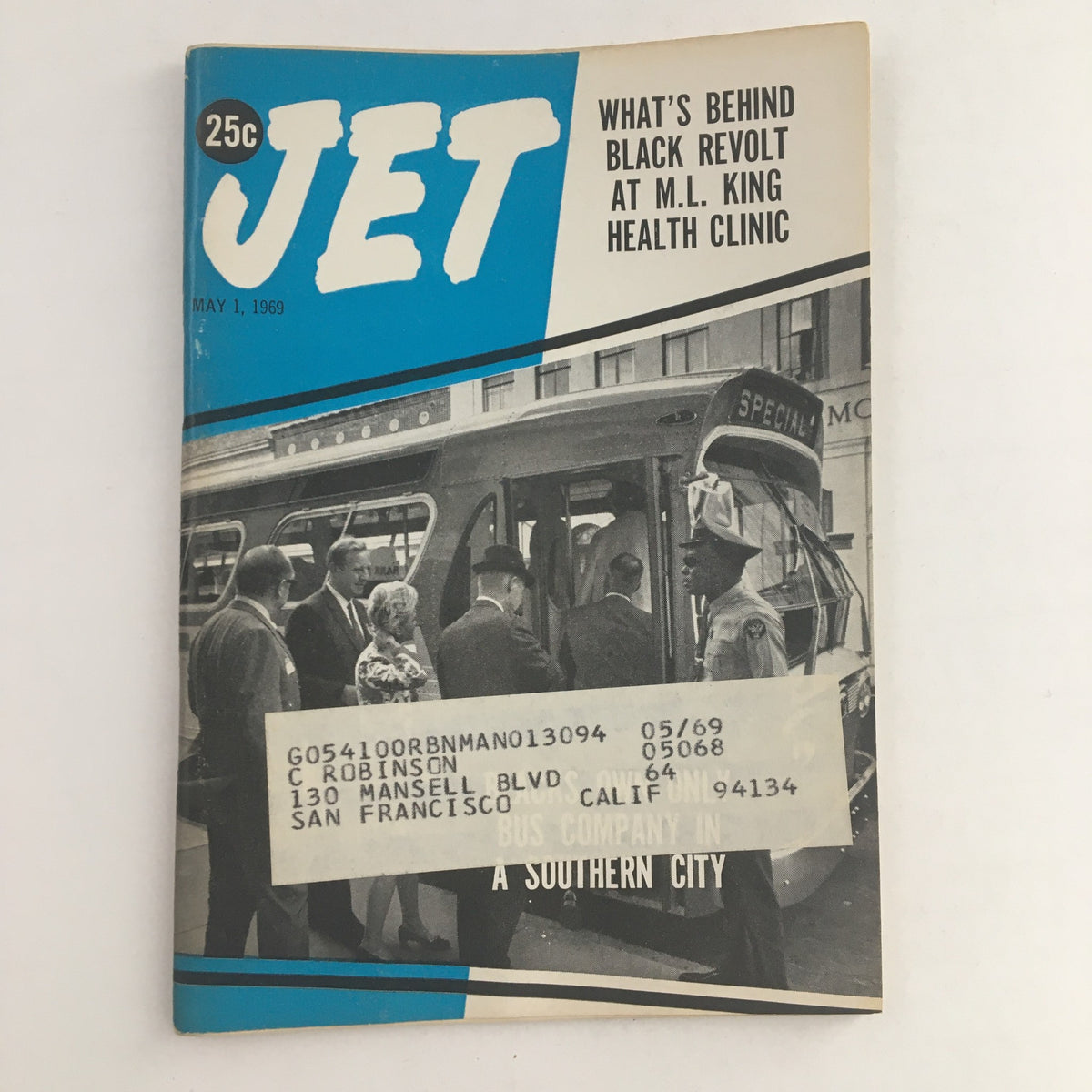 Jet Magazine cover dated May 1, 1969, featuring the title 'What's Behind Black Revolt at M.L. King Health Clinic'. The cover shows a historical scene with individuals waiting to board a bus, reflecting the civil rights movement era.