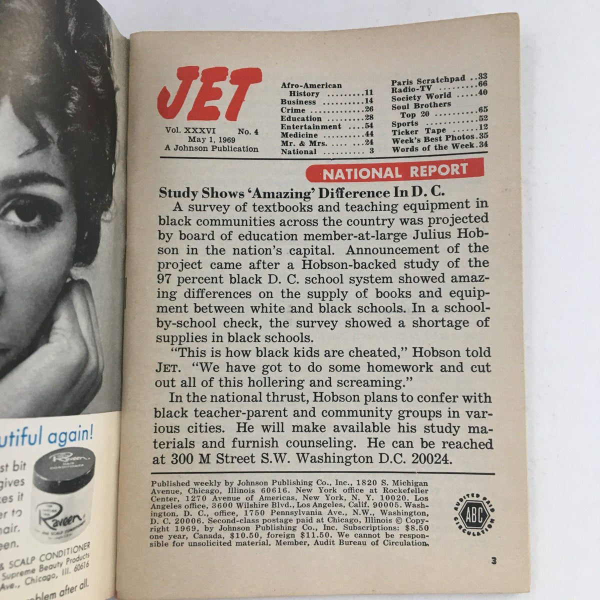 Interior page of Jet Magazine from May 1, 1969, displaying the header and headline about educational disparities in D.C., part of the article on the Black revolt at the Martin Luther King Health Clinic.