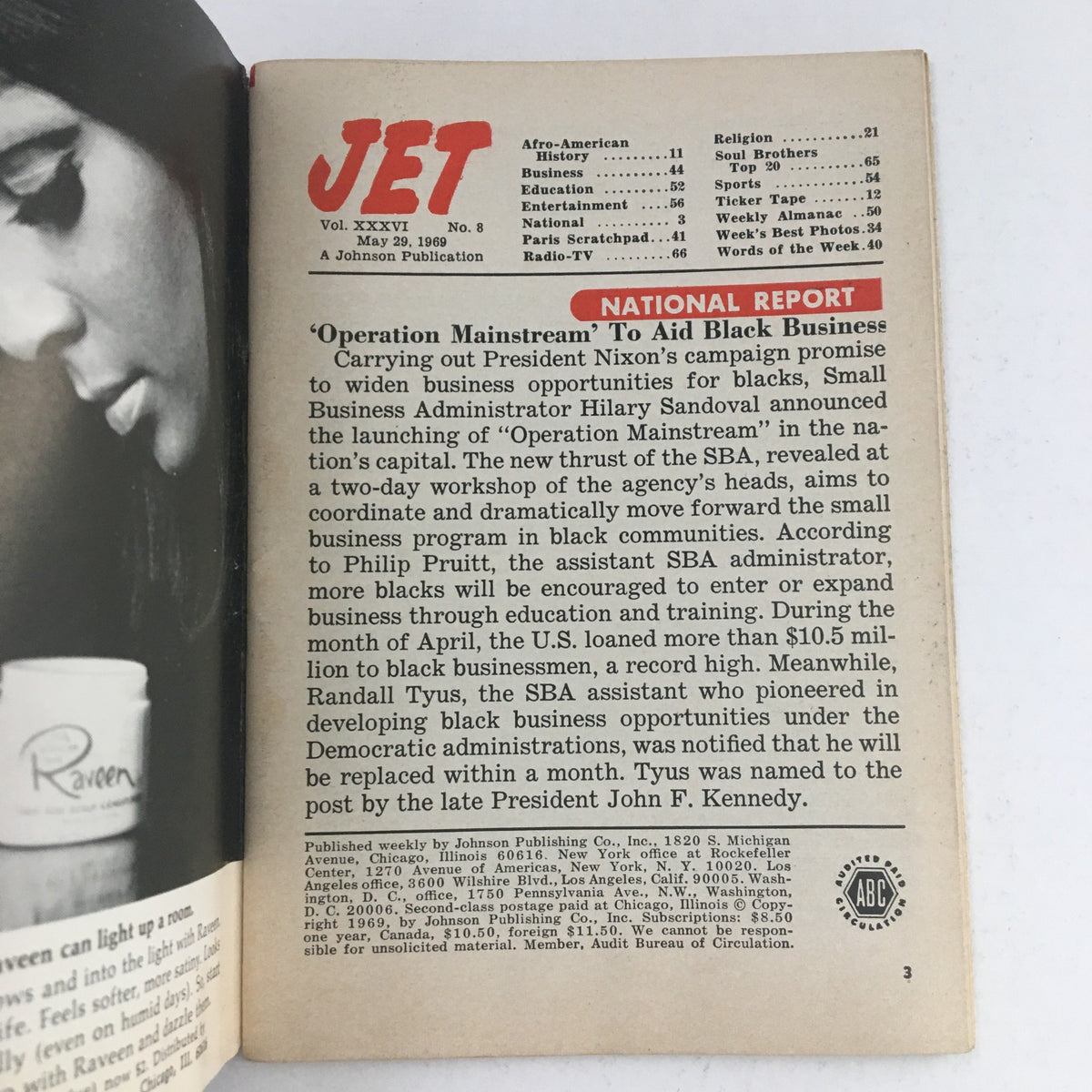 Interior page of Jet Magazine from May 29, 1969 featuring headlines and articles, including a national report on 'Operation Mainstream' to aid black business, showcasing historical context and important information relevant to Thomas Bradley's campaign for Mayor of Los Angeles.