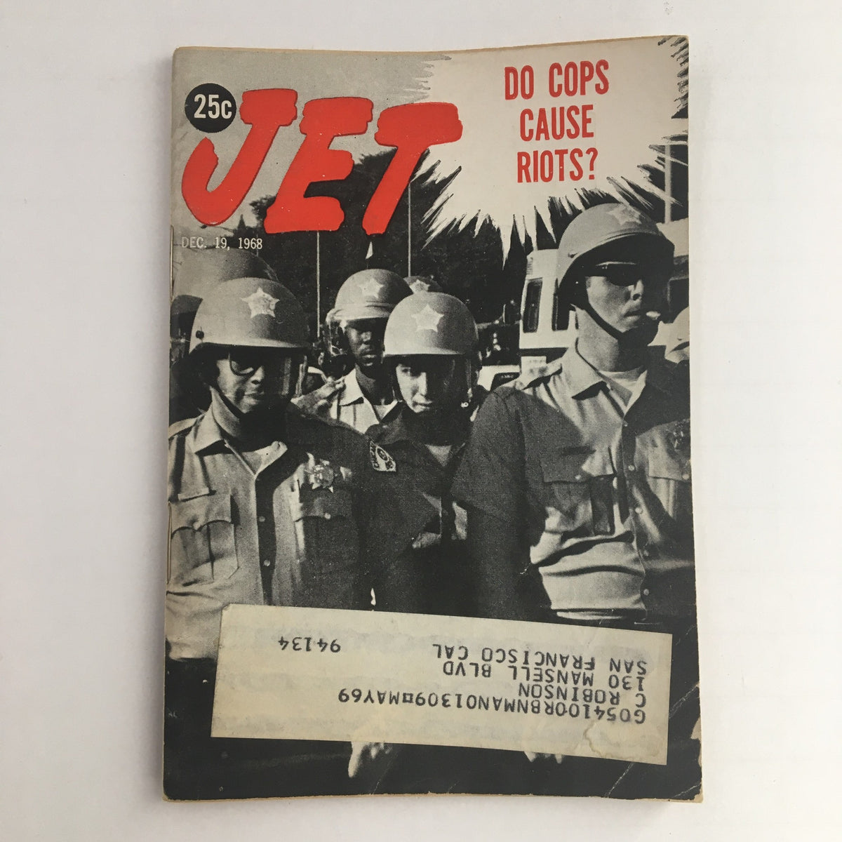 Jet Magazine December 19, 1968 cover featuring police officers and the headline 'Do Cops Cause Riots?' highlighting social issues of the late 1960s.