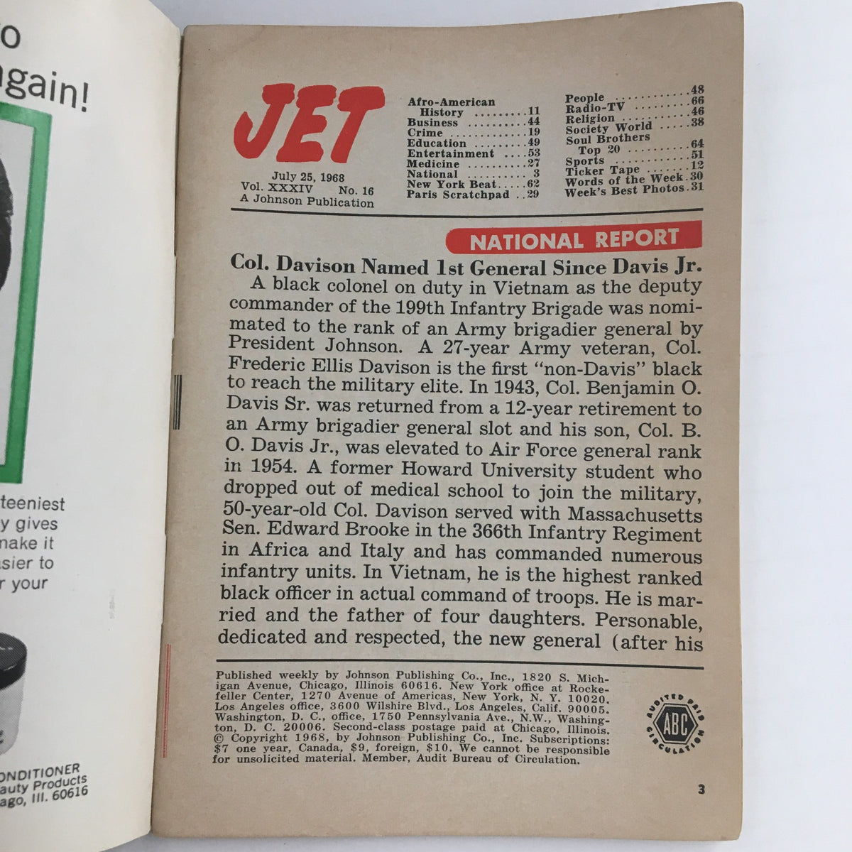Interior page of Jet Magazine July 25, 1968 highlighting various articles including a national report on Col. Davison, emphasizing important cultural and political issues of the time.