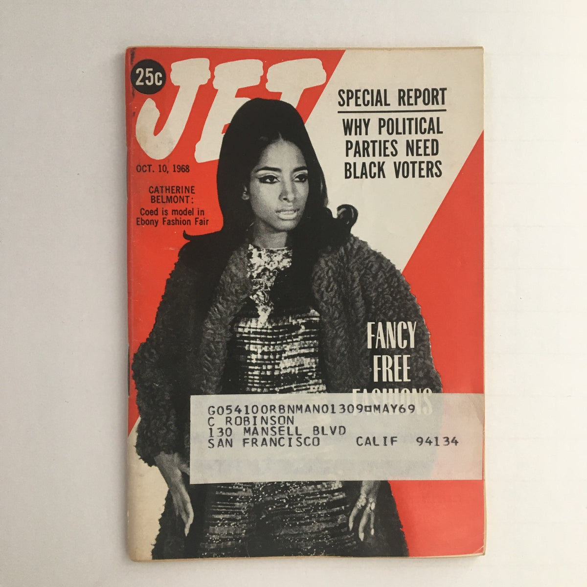 Cover of Jet Magazine dated October 10, 1968 featuring coed model Catherine Belmont prominently showcased in the Ebony Fashion Fair, along with a bold headline and a special report section.