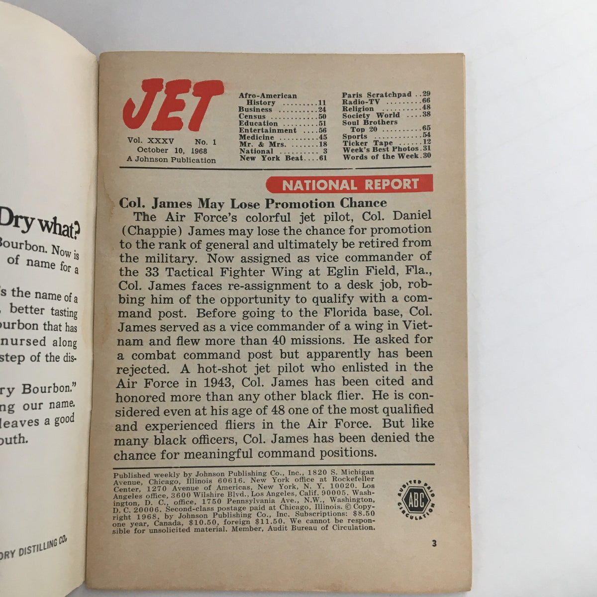 Interior page of Jet Magazine, October 10, 1968, featuring a National Report on Colonel Daniel 'Chappie' James, the first African American jet pilot in the Air Force. The text discusses his potential loss of promotion chances and highlights his distinguished military career, relevant to the issue's theme of celebrating African American achievements in history.