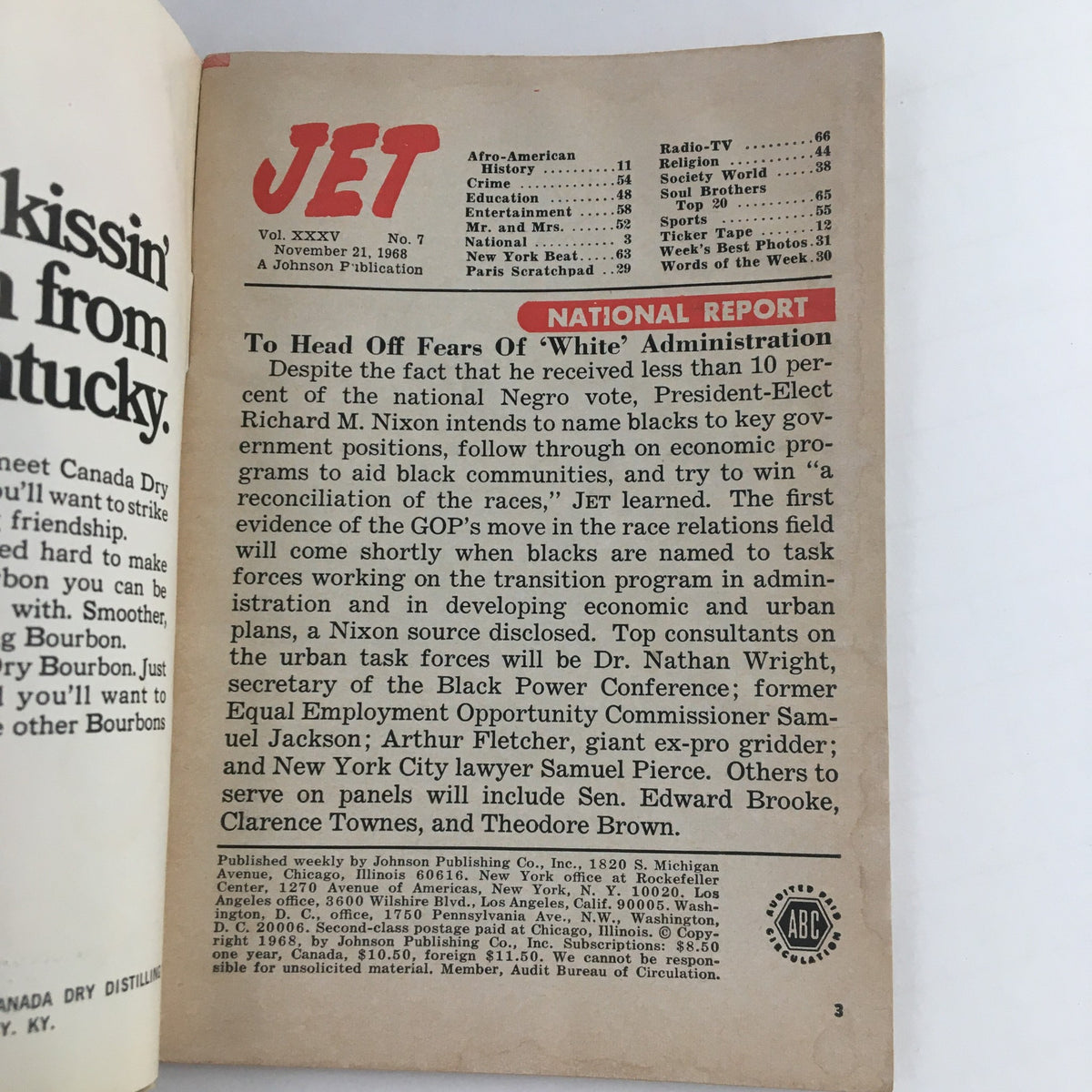 Interior page of Jet Magazine, November 21, 1968, detailing national report and featuring sections on Afro-American history and upcoming events.