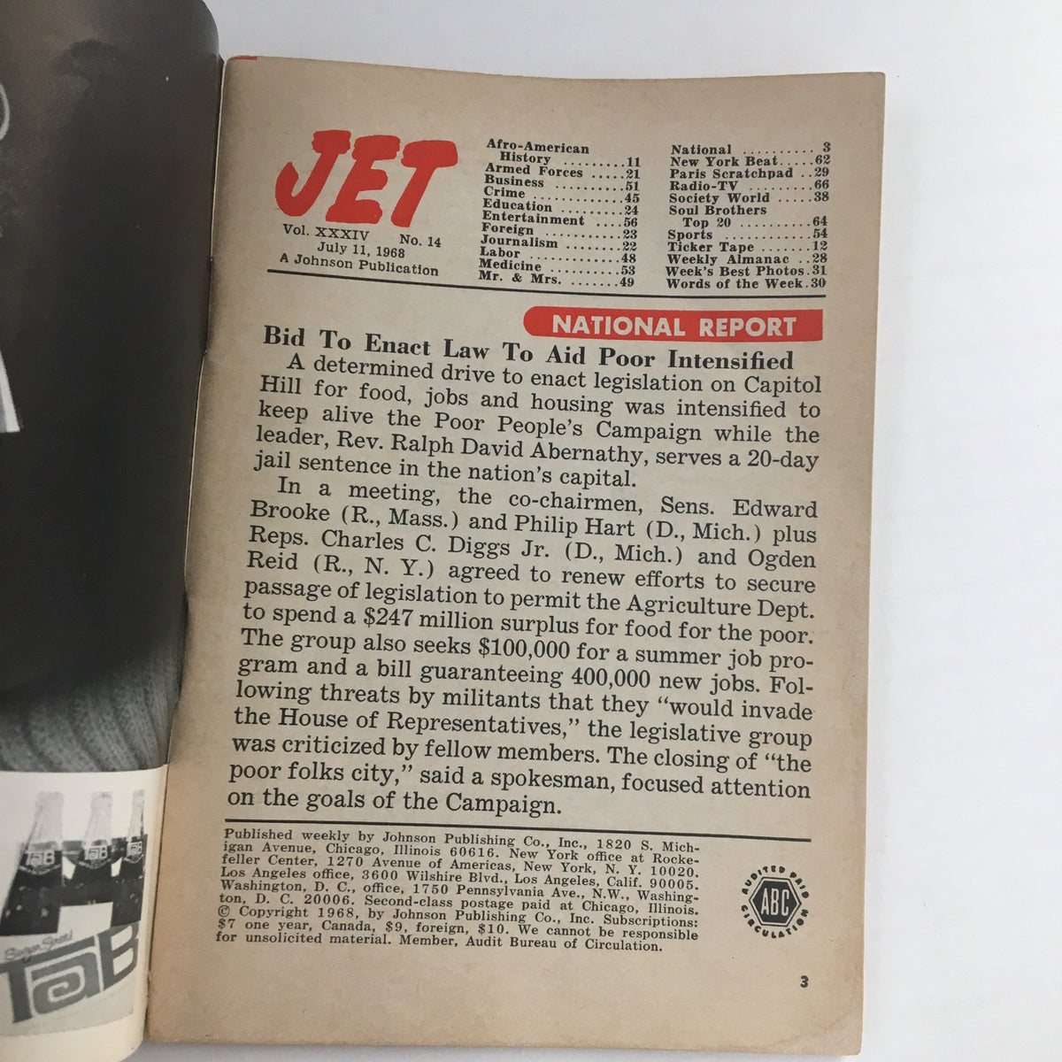 Inside page of Jet Magazine, July 11, 1968, displaying the table of contents alongside a national report on legislation to aid the poor. This page reflects the magazine's role in discussing critical social issues of the time.
