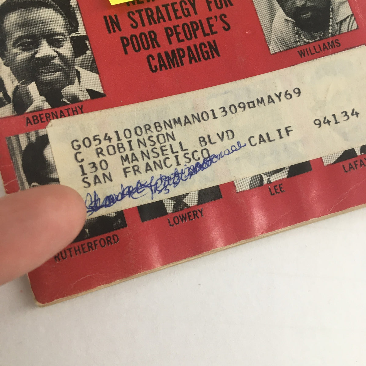 Close-up of the address label on the Jet Magazine, June 27, 1968, revealing the name C. Robinson and address details, highlighting the magazine's collectible nature.